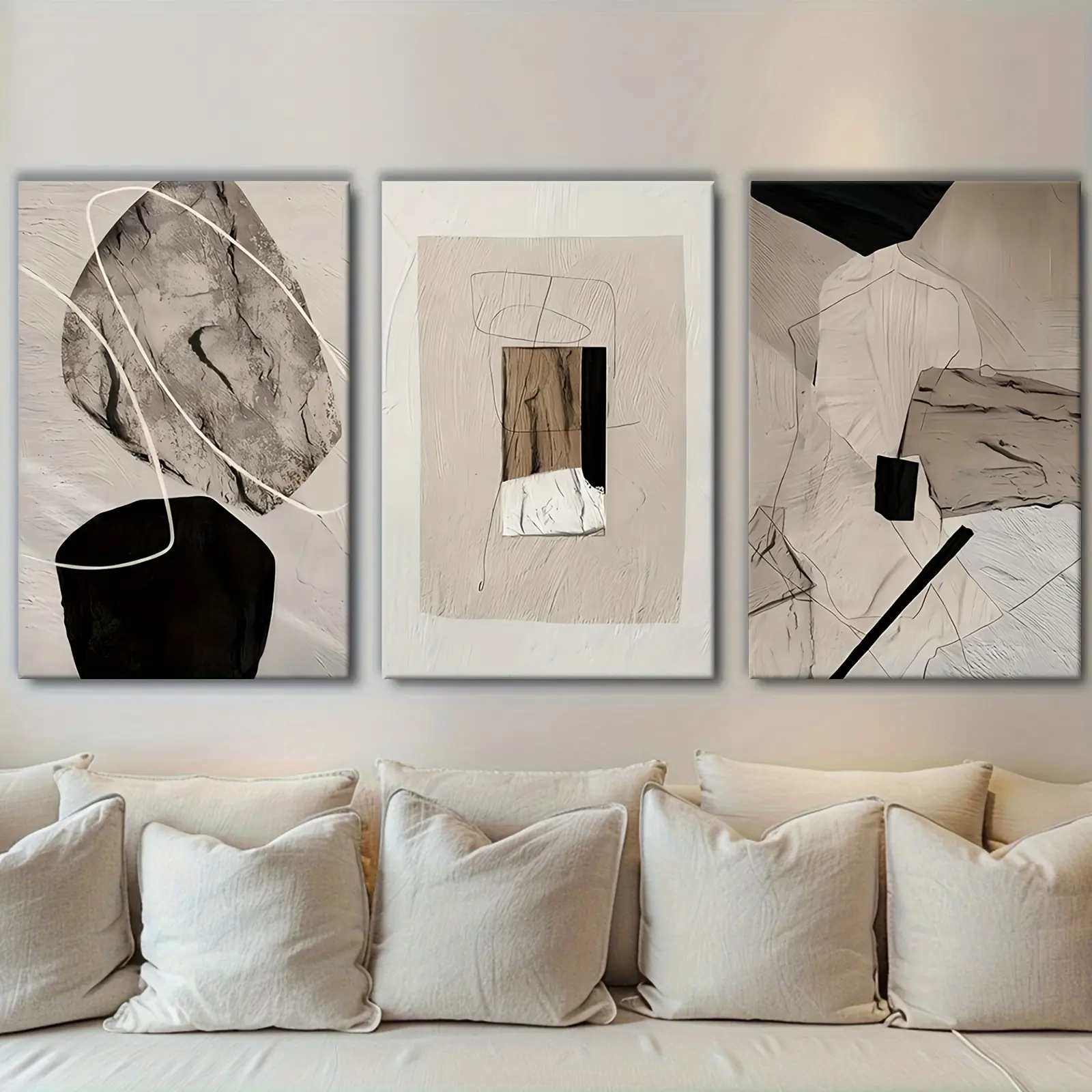 Beige and Black Minimalist 3-Piece Wood Framed Canvas Wall Painting - Decorative, Ready-to-Hang Home Decor - For Living Room, Office - Gift Idea for Housewarming