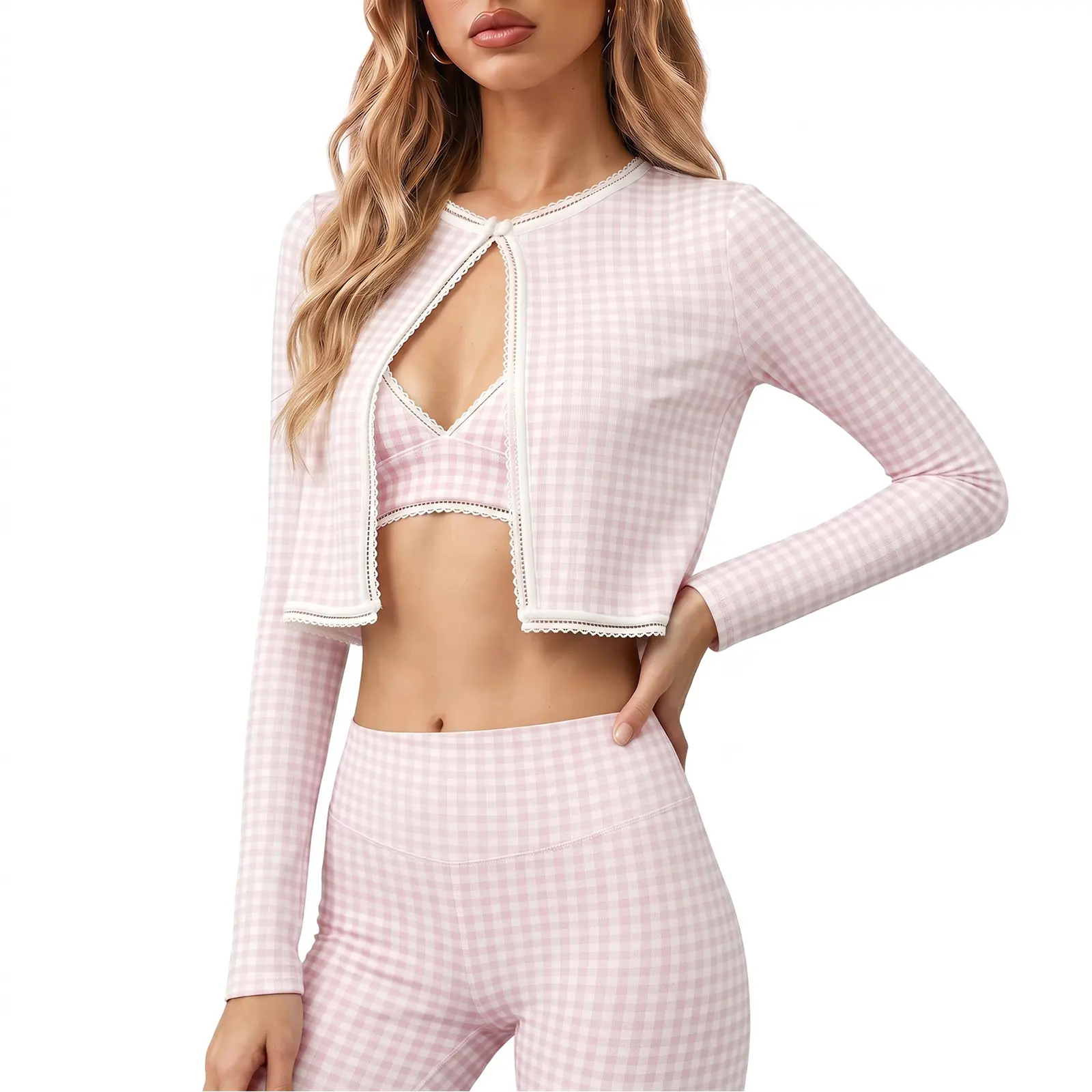 Aoysky Women's Cropped Jacket with Lace Trim - Chic Ballet Style Long Sleeve Shrug, Smooth Workout Top for Bra, Bodysuit, or Leggings, Cardigan, Drape, Elegance, Solid, Basic, Casual, Comfortable, Longsleeves, Breathable, Plaid