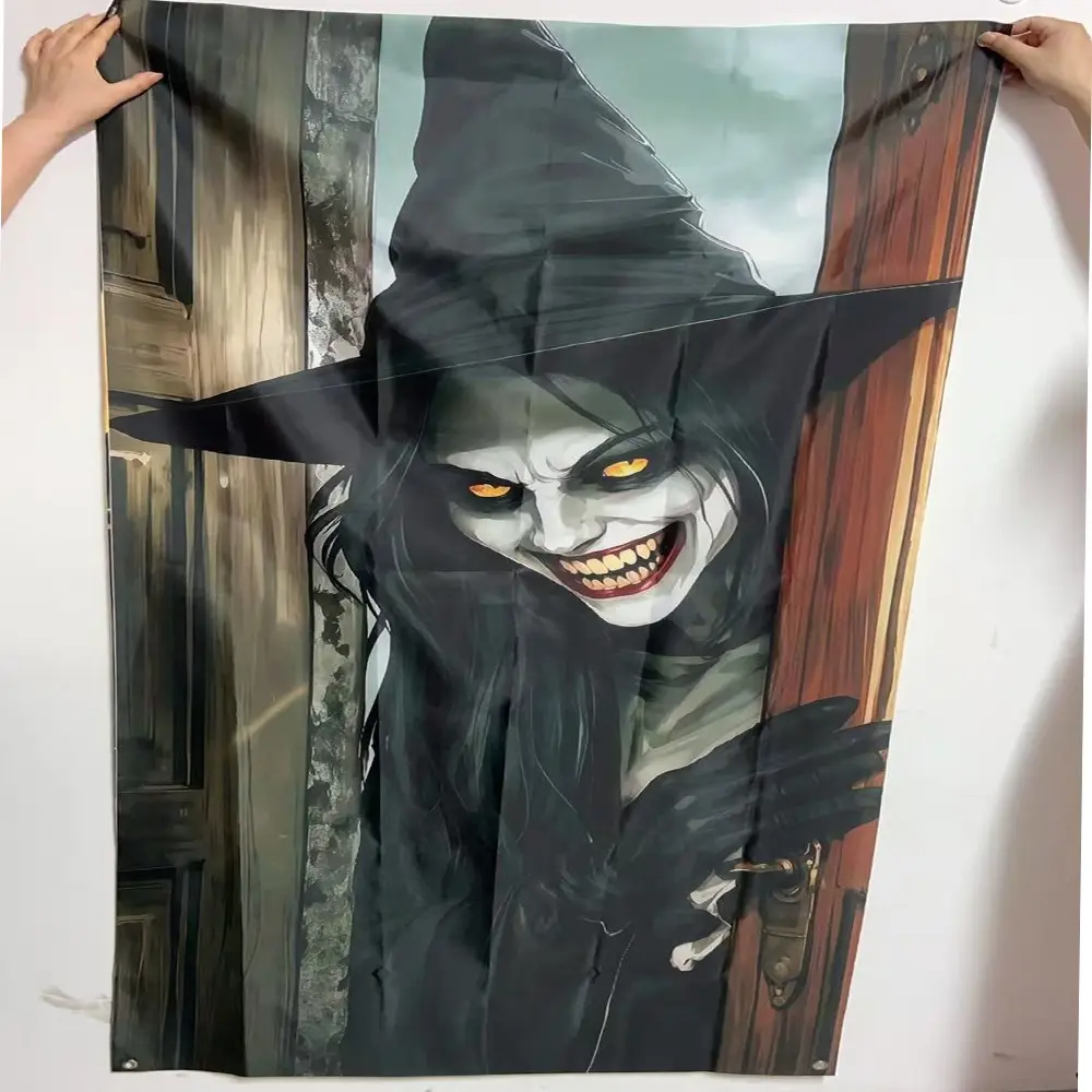 2D Flat Banner 1pc Halloween Horror Witch Door Curtain Dark Wind Printed Background Fabric, Haunted House Party Entrance Decoration Hanging Cloth, Polyester Material, Decorative Banner