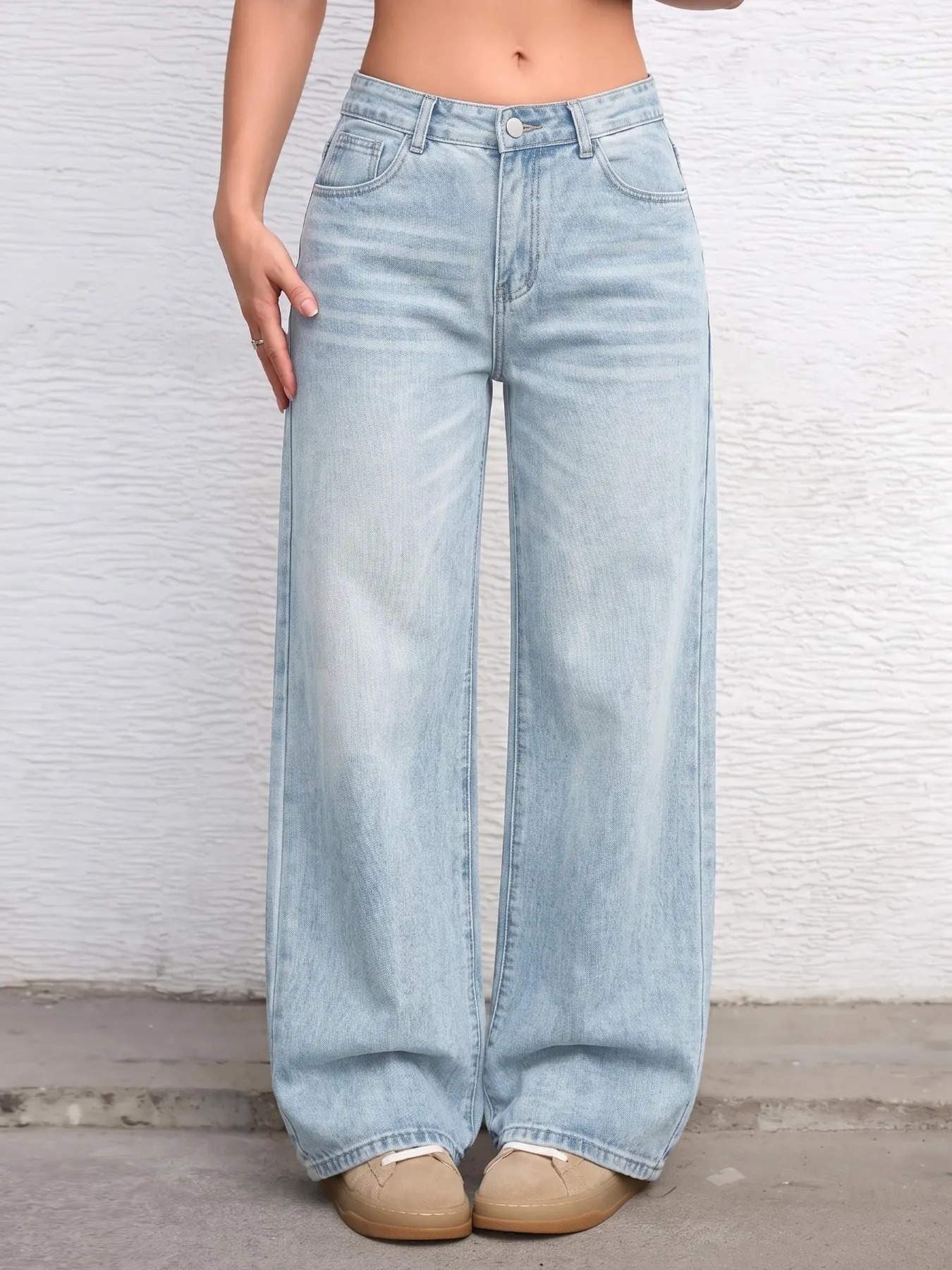 High Waist Wide Leg Jeans for Women, Loose-Fitting Casual Pants, Vintage Straight Leg, All Seasons, Plain Surface, Unlined, Baggy