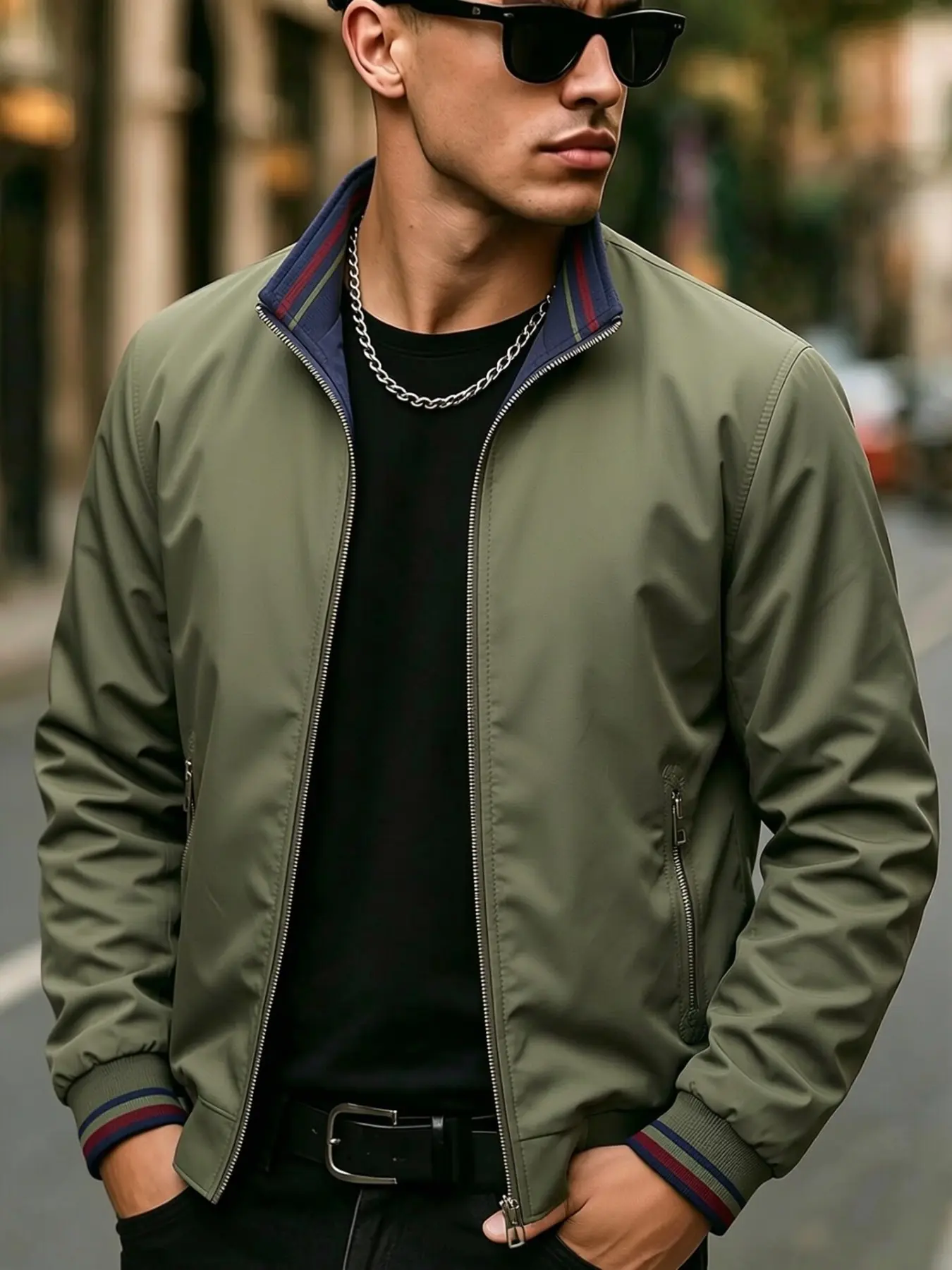 Men's Reversible Jacket, Dual Color Flight Coat, Metal Zipper Side Pockets, Soft Breathable Windproof, Urban Streetwear Outerwear