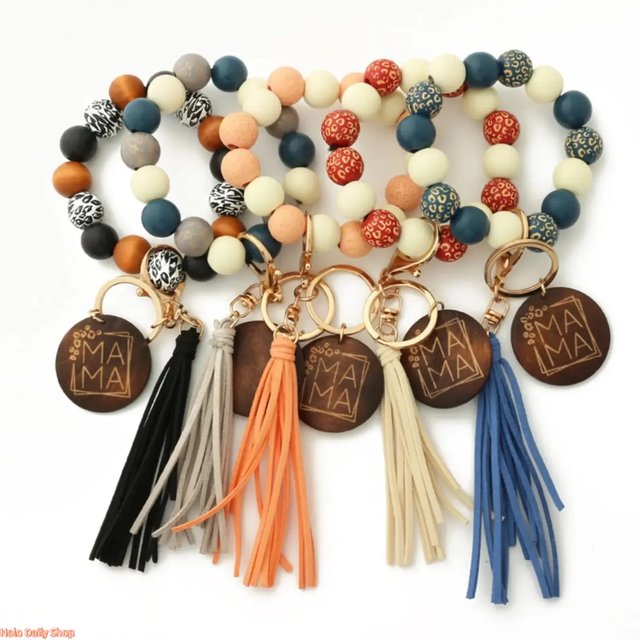 Wooden Bead Keychain Wristlet Strap with Mama Print, Tassel Charm, and Blank Monogram Disc - Cute Unisex Arm Candy Accessories, Cute Keychain, Tassel Strap, Stylish Keychain Wristlet Strap