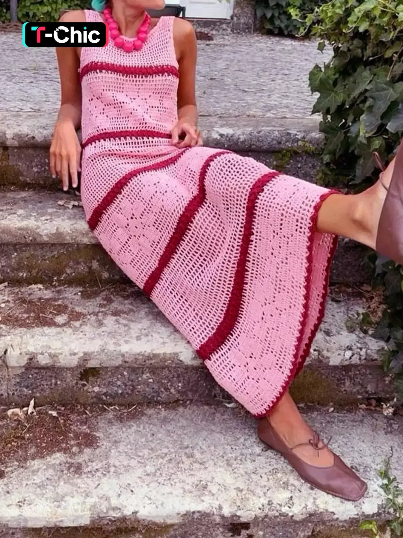 Women's Colorblock Crochet Sweater Dress, Casual Boho Chic Style Sleeveless Fitted Breathable Knitwear for Summer, Boho Summer Holiday, Fashion Women's Clothing for Daily Wear, Womenswear, Piece