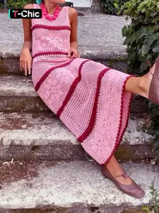 Women's Colorblock Crochet Sweater Dress, Casual Boho Style Sleeveless Fitted Breathable Knitwear for Summer, Fashion Women's Clothing for Daily Wear, Womenswear, Piece
