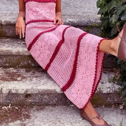 Women's Colorblock Crochet Sweater Dress, Casual Boho Chic Style Sleeveless Fitted Breathable Knitwear for Summer, Boho Summer Holiday, Fashion Women's Clothing for Daily Wear, Womenswear, Piece