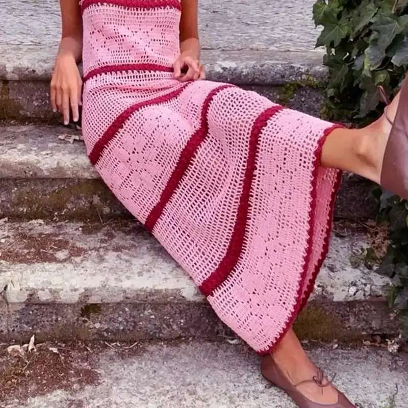 Women's Colorblock Crochet Sweater Dress, Casual Boho Chic Style Sleeveless Fitted Breathable Knitwear for Summer, Boho Summer Holiday, Fashion Women's Clothing for Daily Wear, Womenswear, Piece