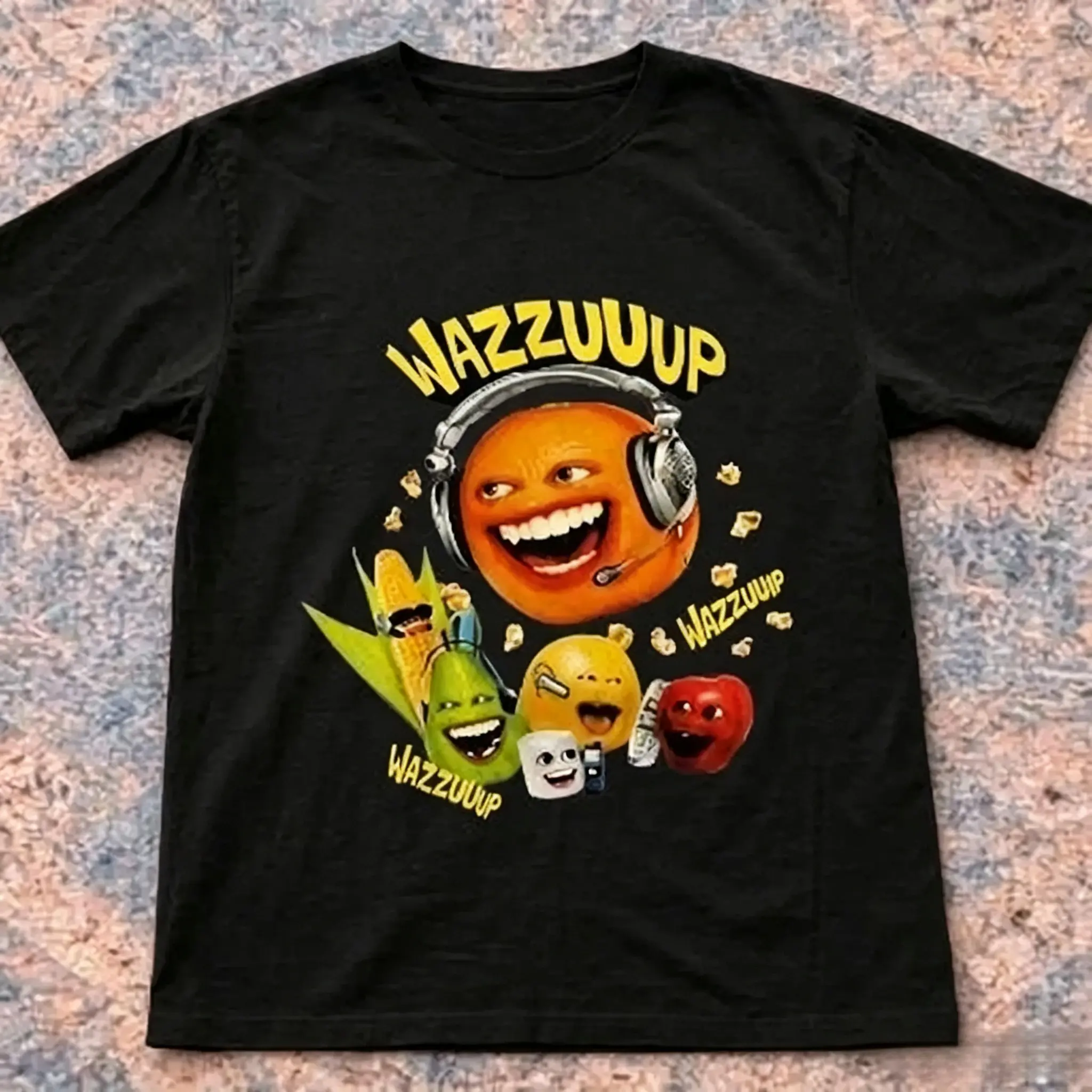 Wazzuup Annoying Orange Retro Meme Brown Tee Funny Cartoon Fruit Character Unisex Short Sleeve Tops