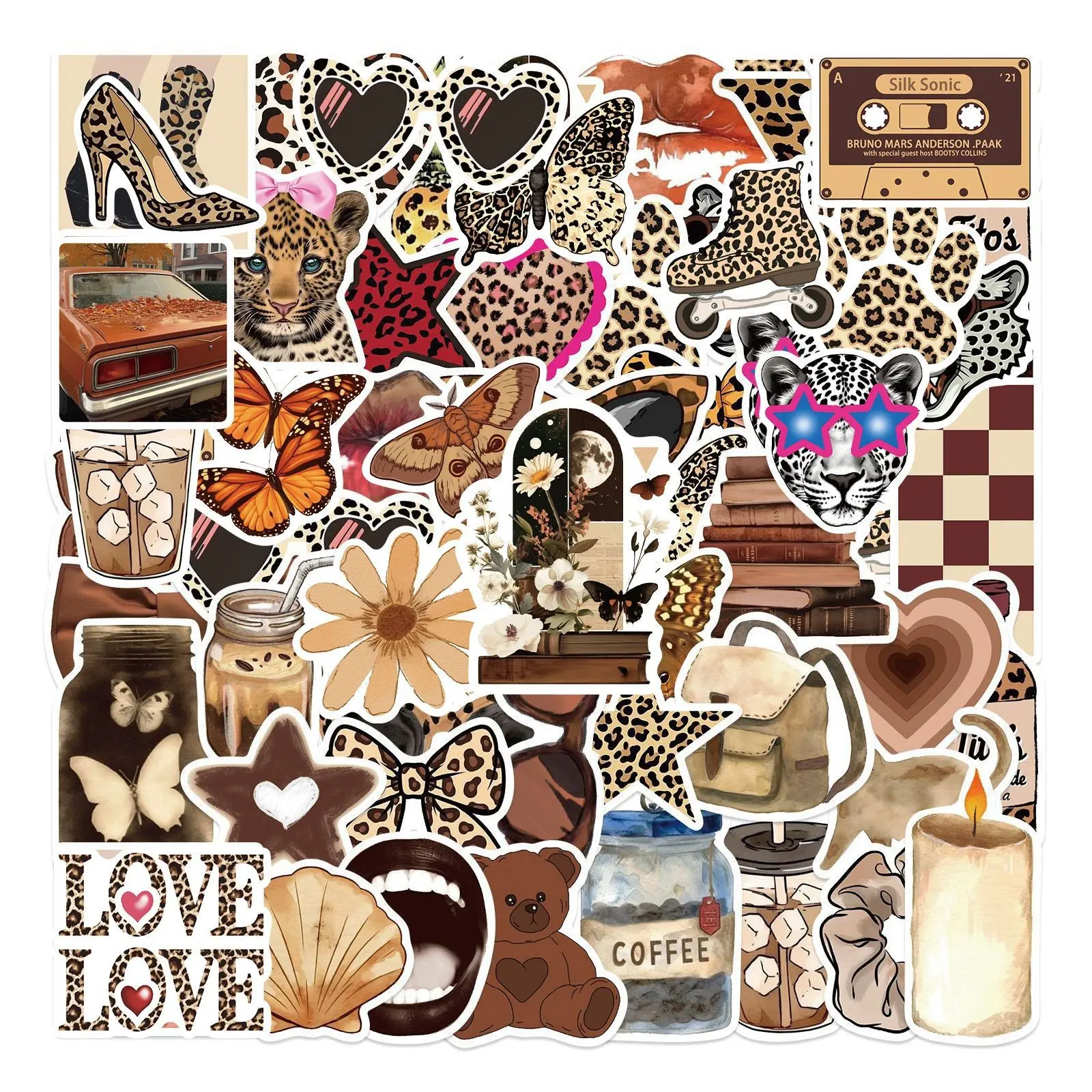 50 Sheets Leopard Print Stickers, Waterproof DIY Decorations for Journals, Luggage, Phone Cases, Cellphone, Trendy Aesthetic Girls' Stickers