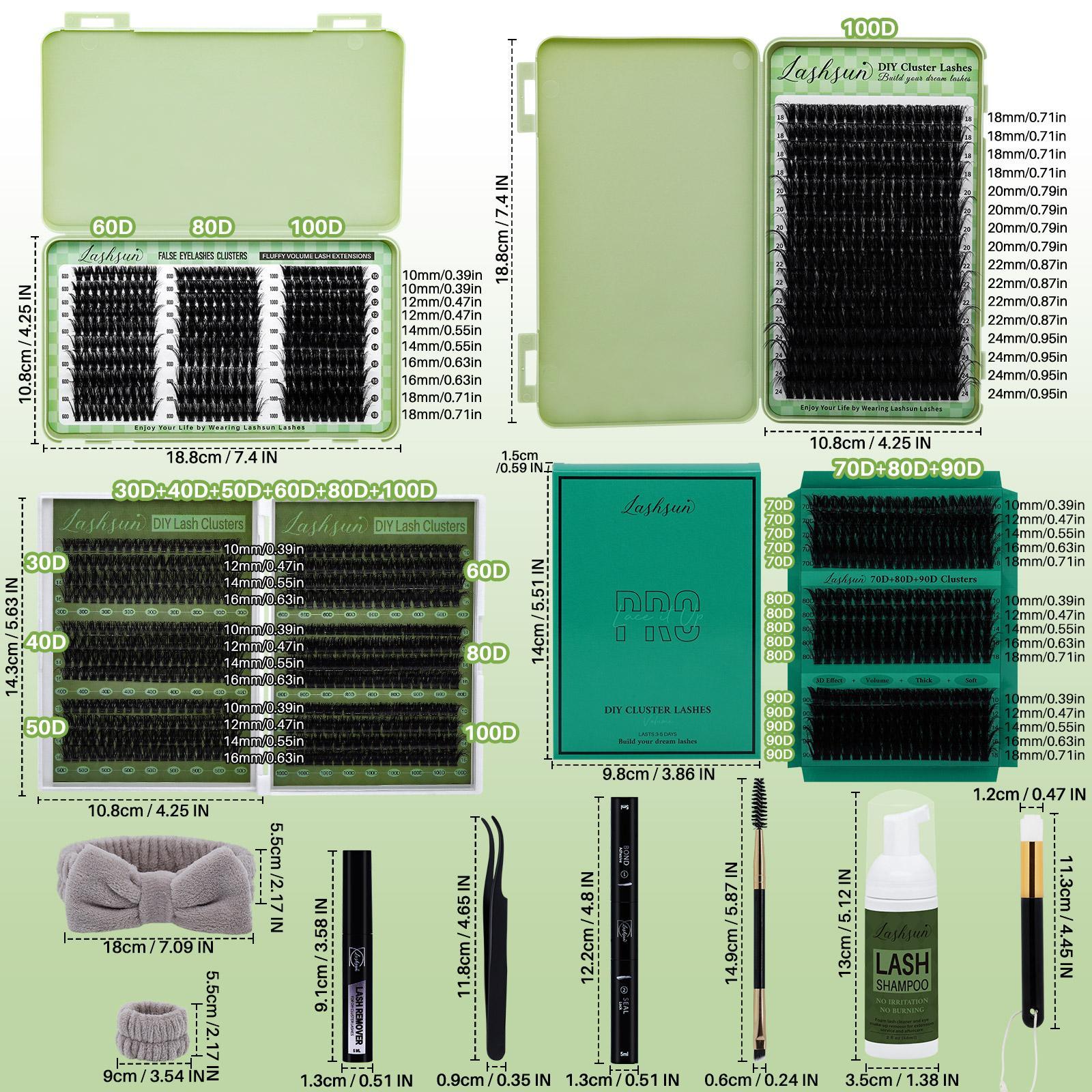 LASHSUN 14PCS BIG KIT, DIY Lash Clusters D Curl High Capacity  Mixed Length 8 styles Volume & 3D Effect Cluster Lashes Kit, Kit with Bond&Seal Lash Remover Lash Brush Headband Wristband Tweezers Lash Shampoo & Brush