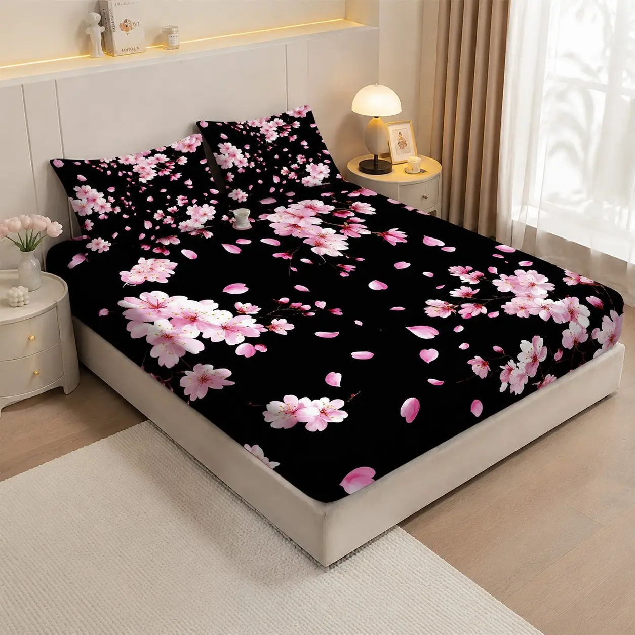 3-Piece Bohemian Bed Sheet Set, Halloween Theme, and Cherry Design, Gothic Mattress Cover for King or Queen Beds, Boho Sheets