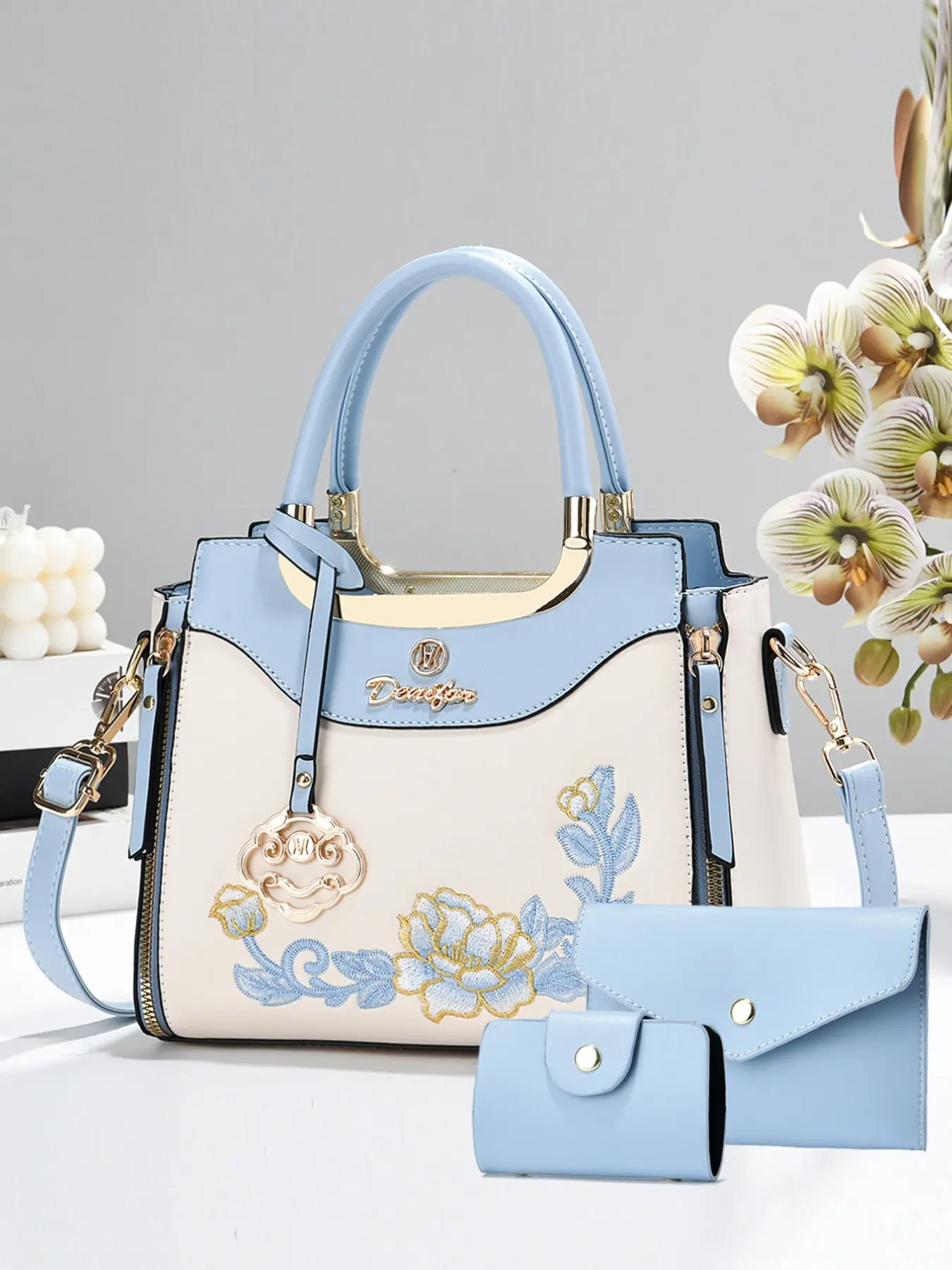 Women's Embroidered Set Bag, Casual Shoulder Purse Geometric Pattern, All Seasons Shoulder Clutch, PU Material, Casual Handbags, Versatile Handbag for Shopping and Work