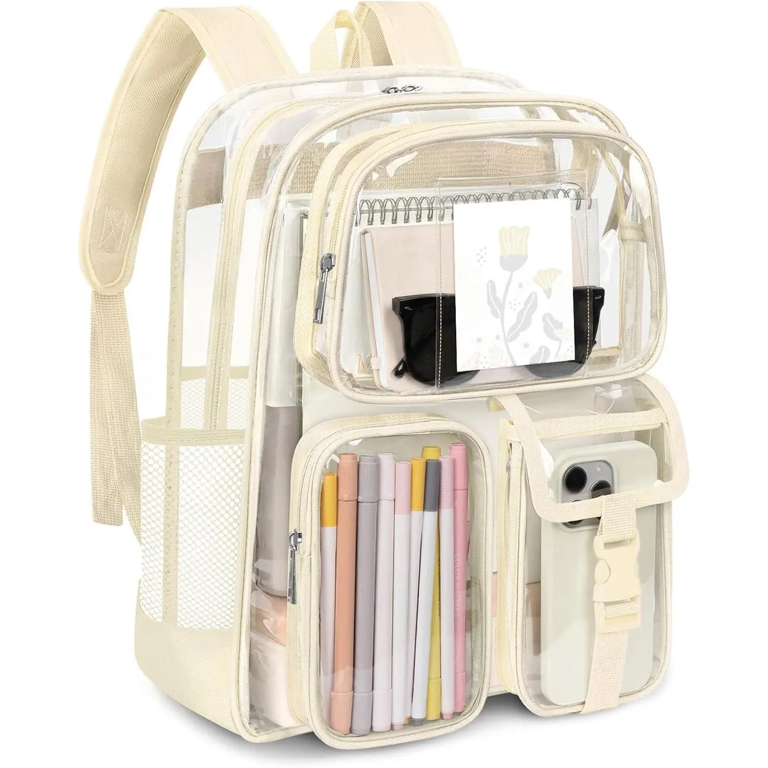 Clear Backpack for Stadium Events, Heavy Duty PVC Transparent Bookbag with Reinforced Strap, Large Capacity See Through Clear Bag for College Concerts Sport Work Security Travel, BeigeGift.