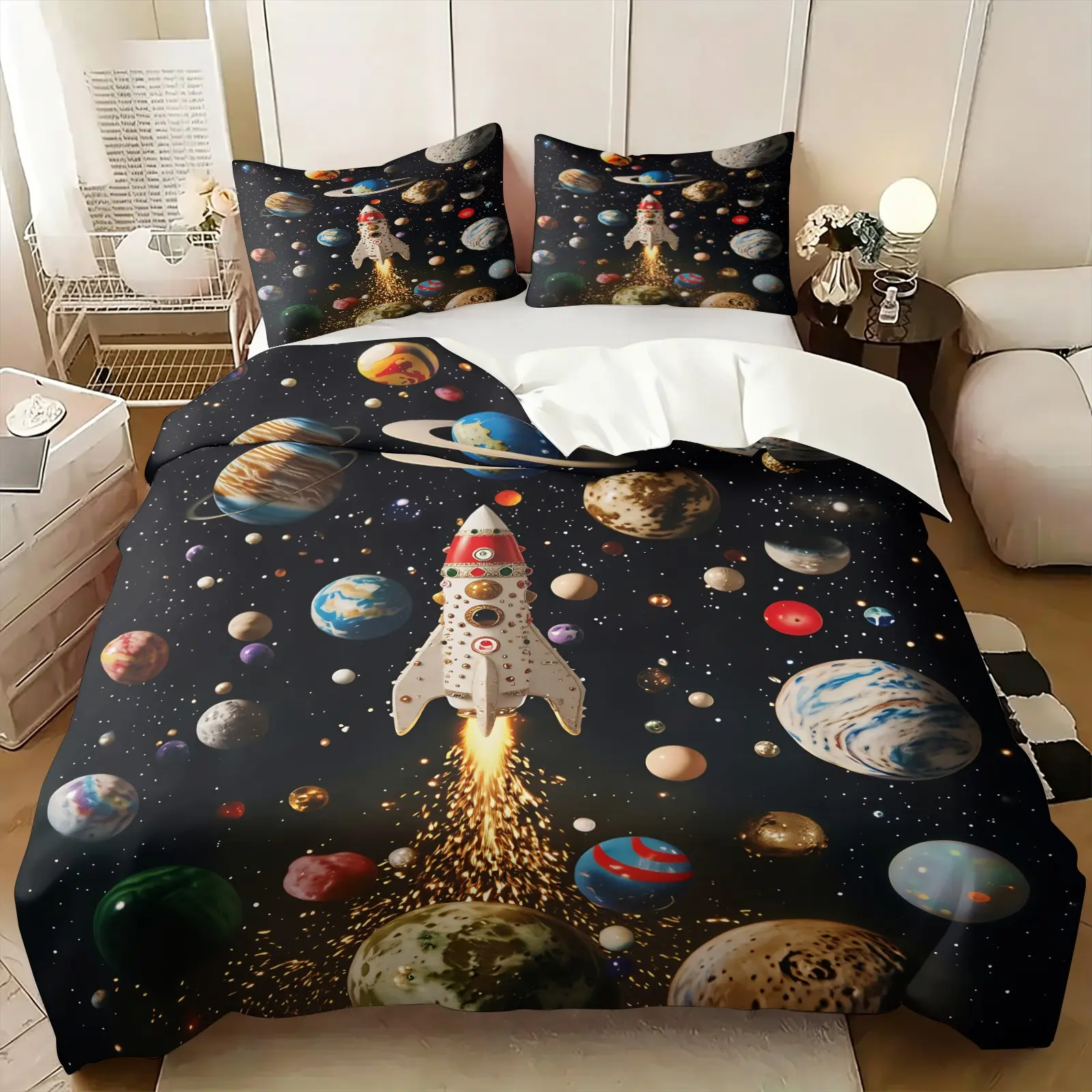 Space Themed Rocket Solar System Planet Duvet Cover Set, Outer Space Galaxy Sci-Fi Bedding For Boys & Teenagers, Soft Skin-Friendly All Season Bedding, 1 Duvet Cover & 1-2 Coreless Pillowcases, Birthday Gift For Boys & Family Home Decor
