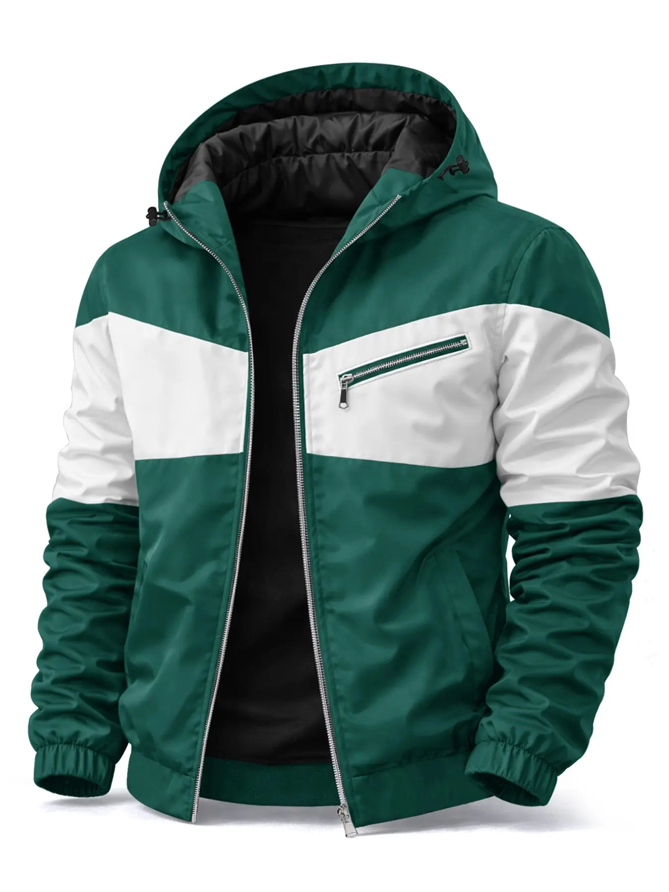 Men's Hooded Patchwork Baggy Jacket, Casual Coats, Casual Fitted Long Sleeve, Waterproof Windproof Drawstring Zipper Pockets, Outdoor Activity Coat