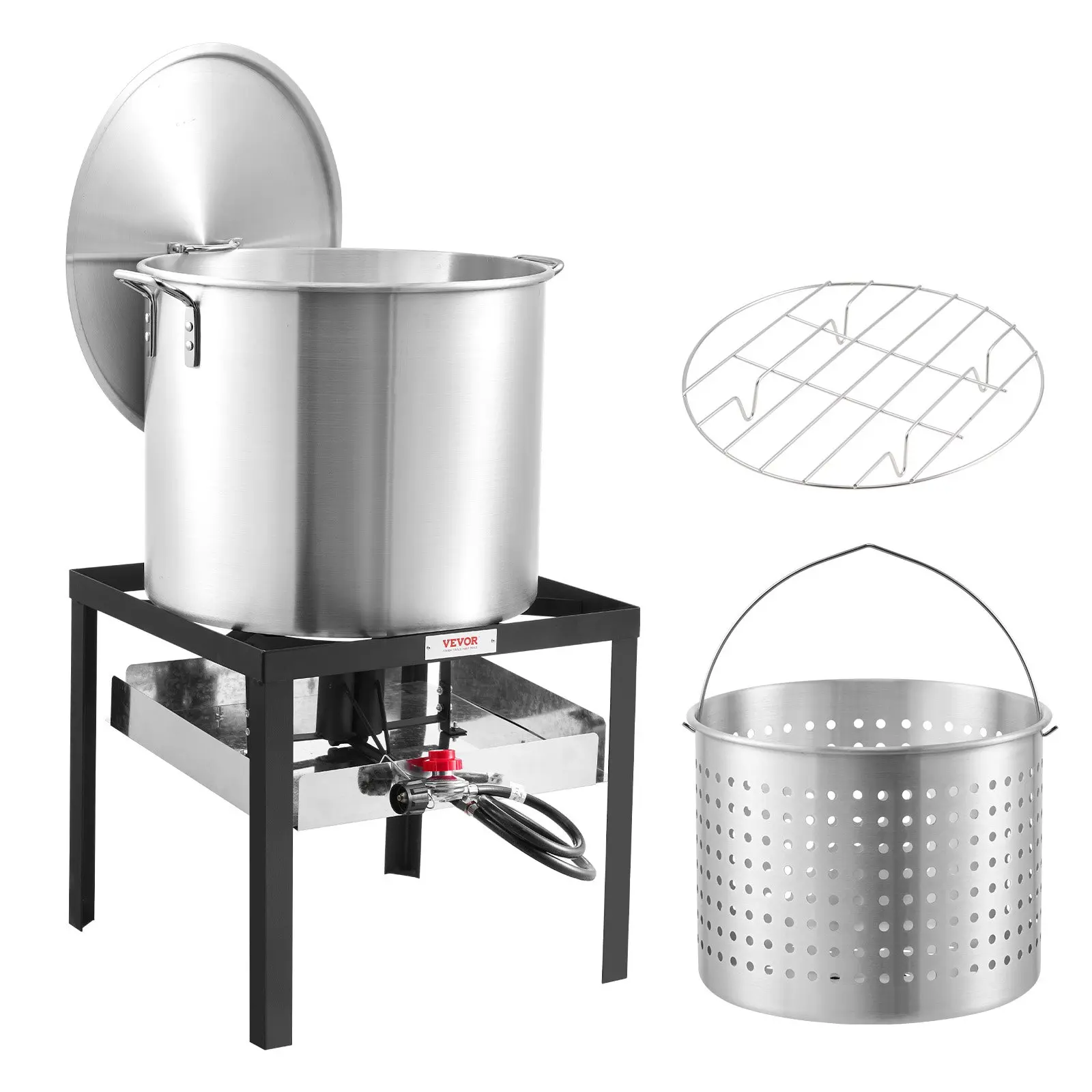 VEVOR Square Cookware 60 Qt (54.8 L) Aluminium Seafood Boiling Pot Set, Outdoor Cooking Kit with Detachable Strainer Basket, Lid, Steamer Rack, 100000 BTUs Propane Burner for Crab, Christmas, Thanksgiving Parties