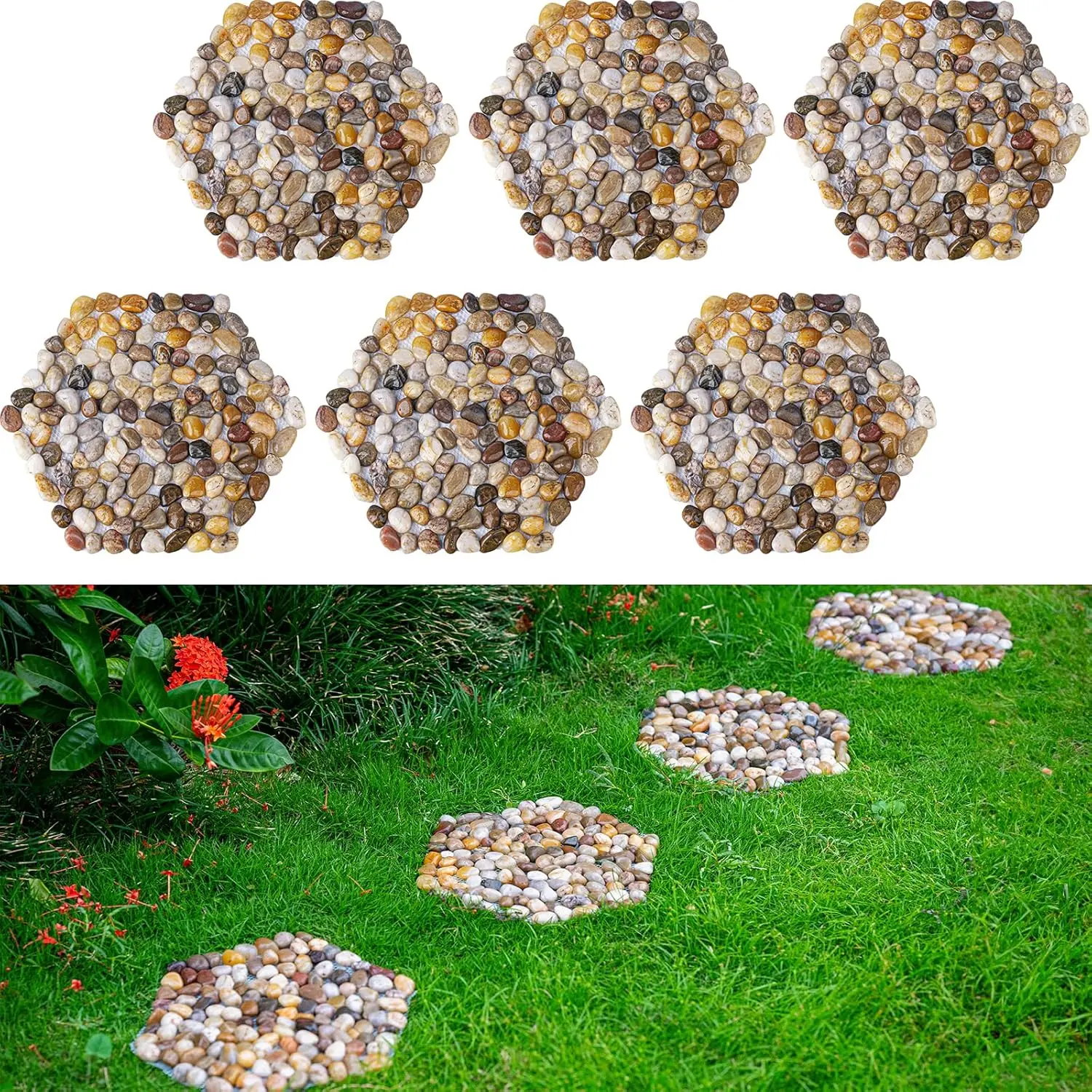 6 count  River Rock Stepping Stones for Garden Walkway - 9.5'' Hexagon Pebble Mats with Non-Slip Mesh Backing - Decorative Outdoor Stone Pavers for Patio, Lawn, Backyard Path & Landscaping Decor