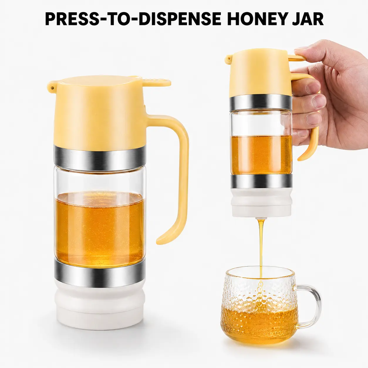 Must‑Haves Glass Honey Syrup Dispenser, Trigger No‑Drip Glass Honey Pot Jar with Handle, Syrup Dispenser for Coffee Tea, Maintains Freshness-YY1
