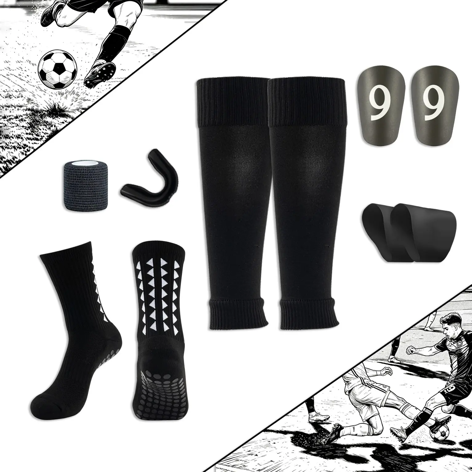6-Piece Unisex Soccer Gear Set, Sports Socks, Leg Guards, Training Insoles, Bandages, Mouthguards, Shoe Covers, Outdoor Training, Football Equipment