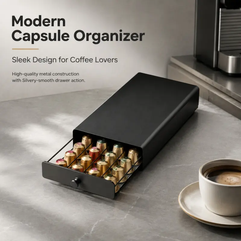 Metal Coffee Capsule Storage Drawer, Smooth Sliding Mechanism, Compatible with Nespresso Capsules, Ideal for Coffee Lovers