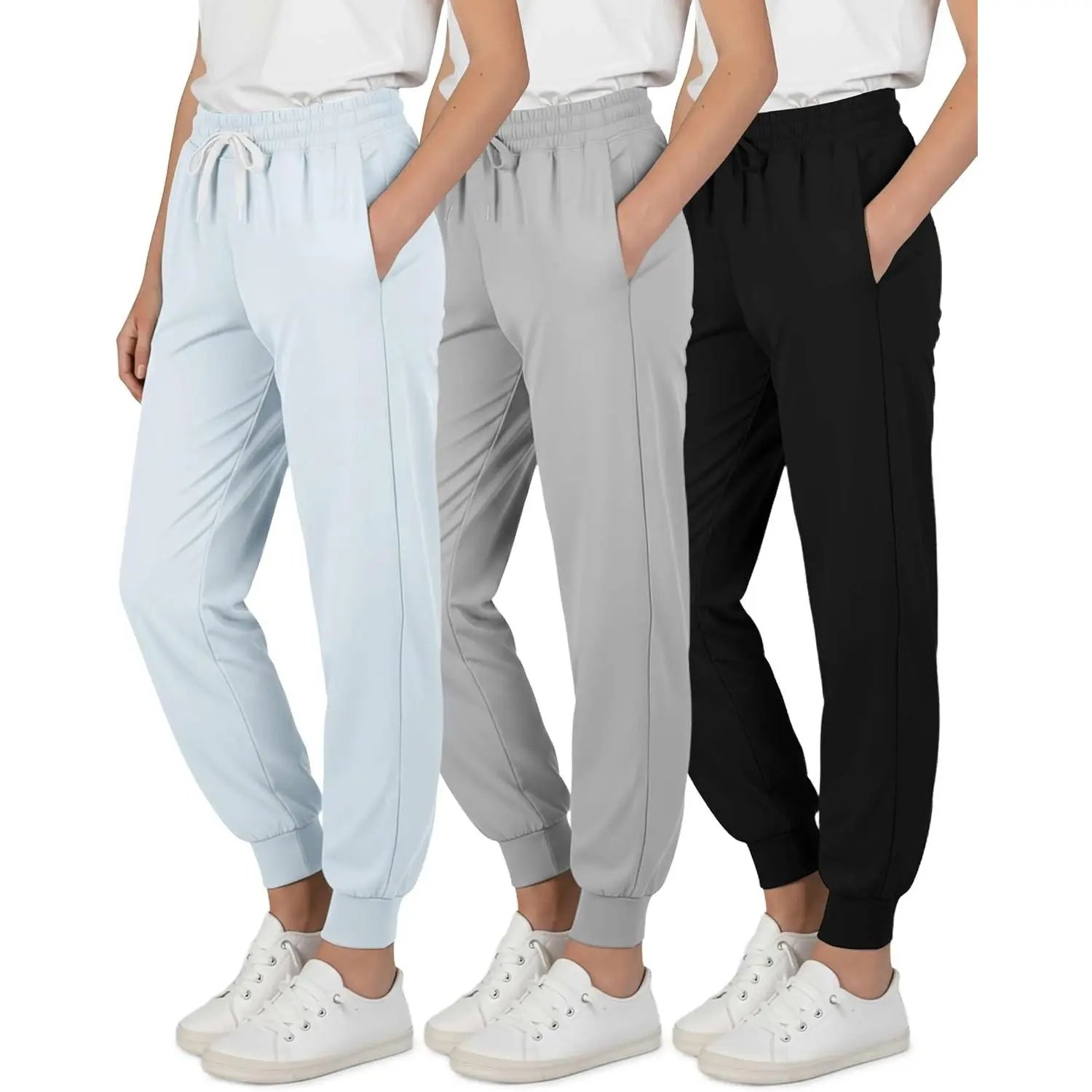 Girls' 3-Pack Athletic Jogger Sweatpants - Soft Cotton, Solid Colors, Pull-On Elastic Waist, Baggy Relaxed Fit, Cozy, Sports Use, Sizes 4-16