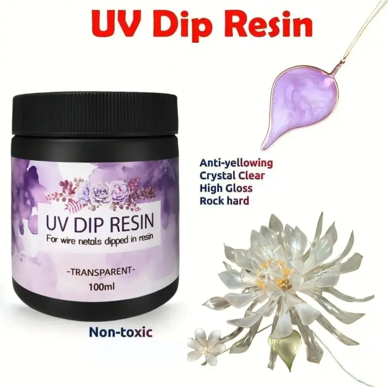 UV dip resin for thread flower 100 grams crystal clear ultraviolet resin cure quickly highly transparent and gloss suitable for DIY art jewelry creative modeling and flower decoration Wire Flowers