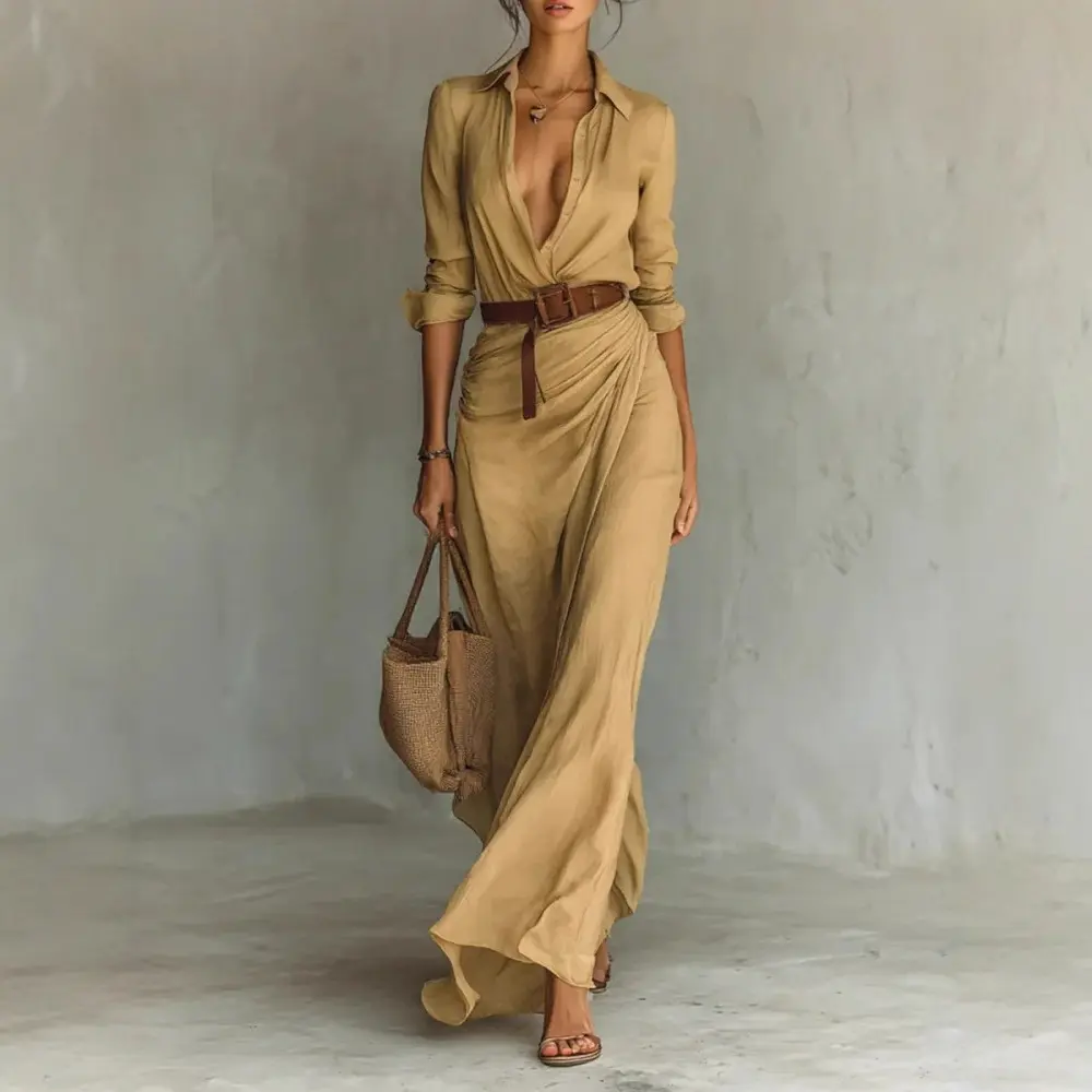 Women Belted Wrap Maxi Dress, Long Sleeve Solid Irregular Ruched Shirt Dress