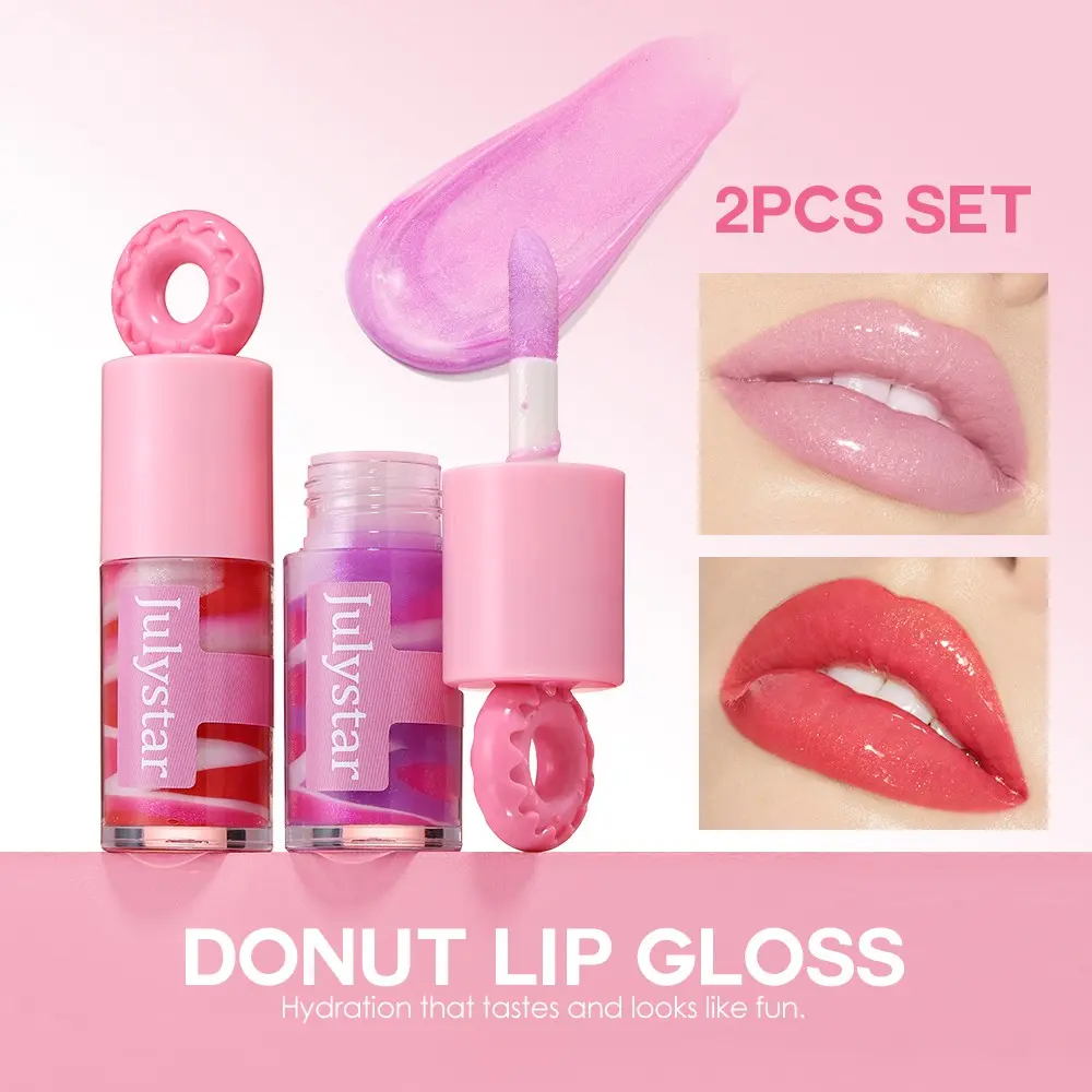 Cute Donut Cap Swirl Lip Gloss, Shimmery Glitter Hydrating Lip Oil, Non-Sticky Gloss Lip Makeup, Long Lasting Moisturizing Lip Gloss for Daily & Party Cosmetics