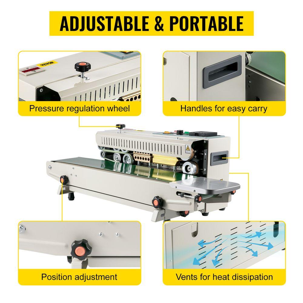 VEVOR Continuous Bag Band Sealing Machine FR900K Band Sealer Machine with Digital Temperature Control Horizontal Bag Sealer for 0.02-0.08 mm Plastic Bags Continuous Band Sealer w/ Printing Function