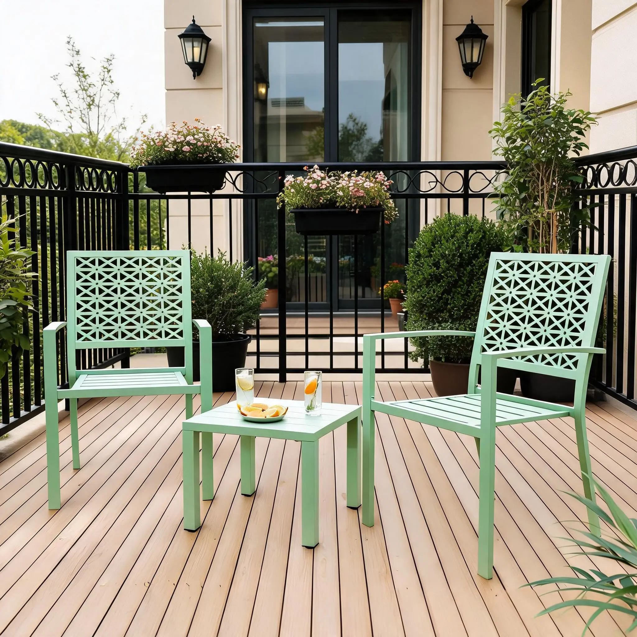 GARVEE 3-Piece Patio Furniture Set, Metal Frame Outdoor Furniture with 2 Chairs and Coffee Table, Modern Bistro Set for Garden, Green, Patio Furniture Sets