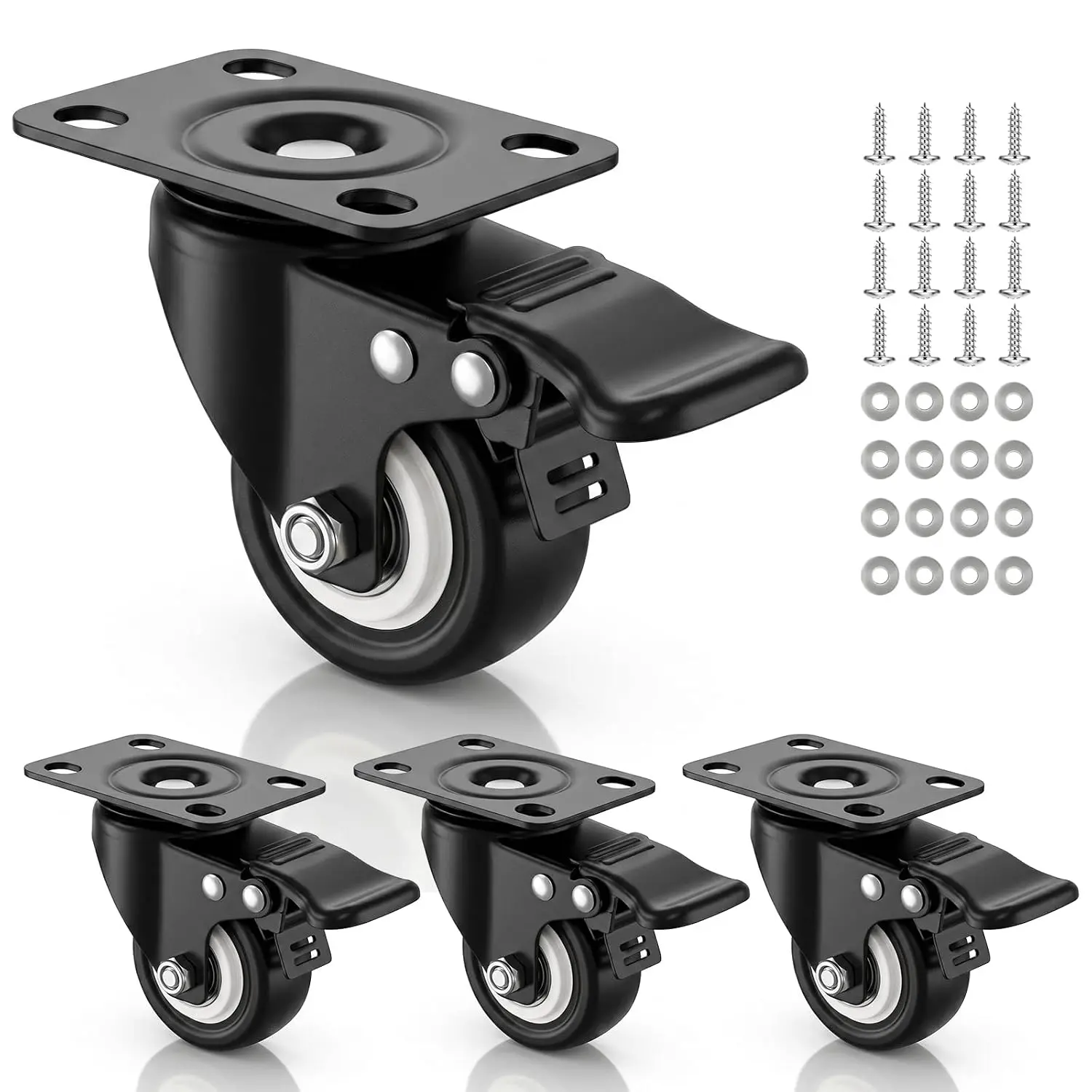 1.5" Swivel Casters Set of 4, Heavy Duty Locking Casters with Brakes | PU Wheels, Non-Marking, Black. 100 lbs Each,  Lock , 360° Swivel, Rust-Resistant. for workbenches, Tool carts