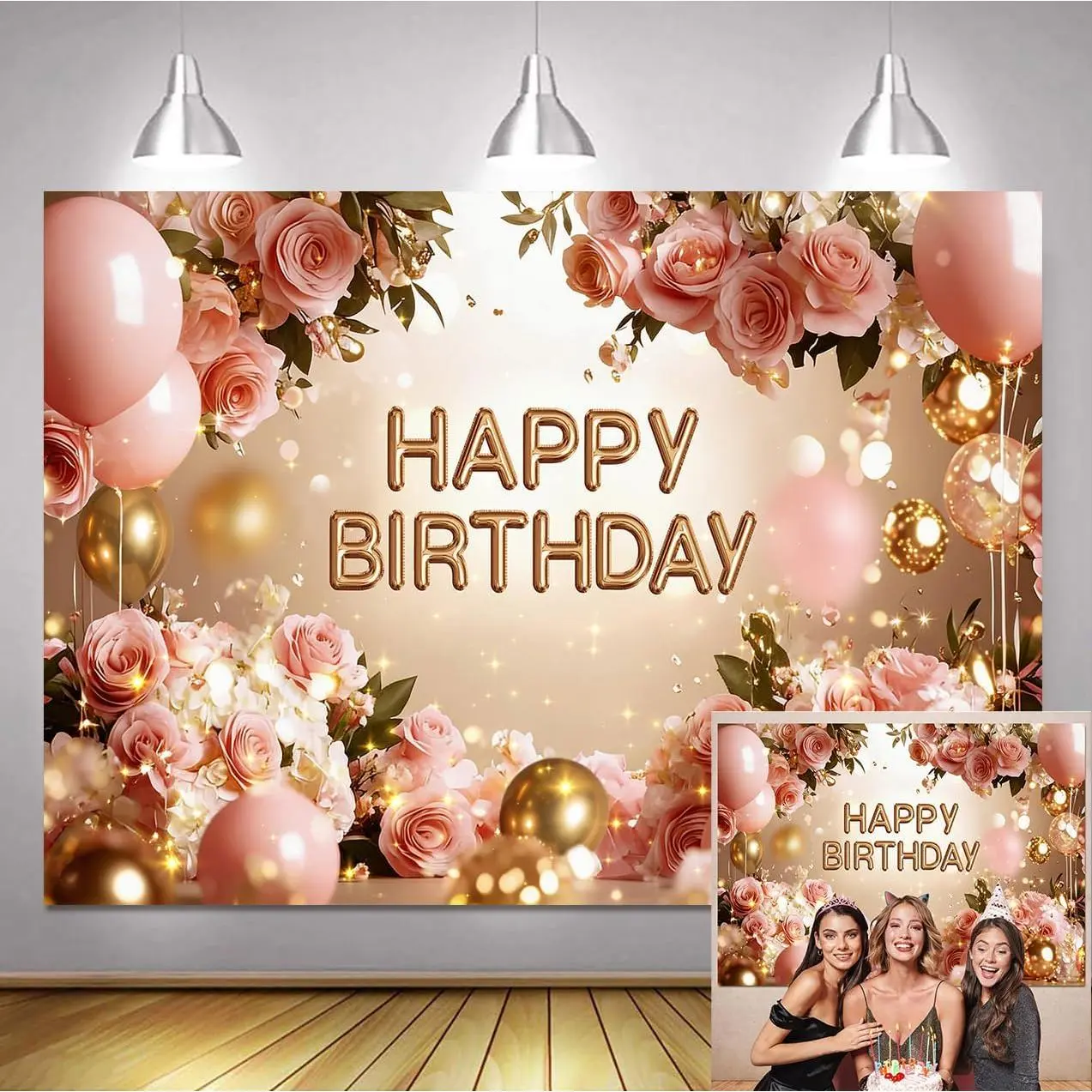 7x5ft Happy Birthday Banner Backdrop for Women Girs Rose  Balloon Photography Background  Floral Party Photo Booth Props