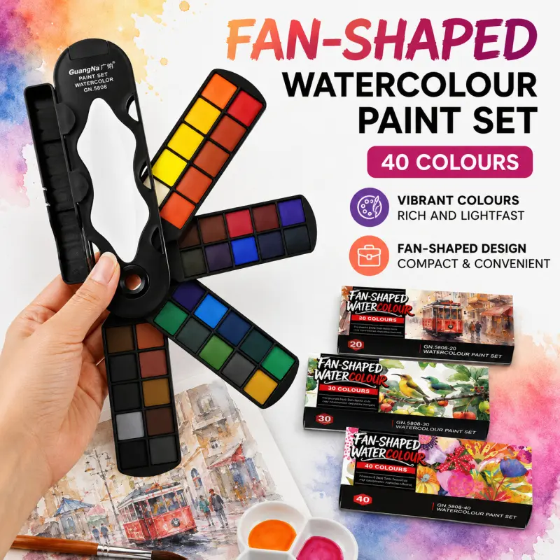 20/30/40 Color Fan Foldable Solid Watercolor Set, Lightweight Travel Watercolor Palette Complete with Mixing Tray, High Saturation Pigment Watercolor Kit for Sketching, Outdoor Trips & Art Painting Creation
