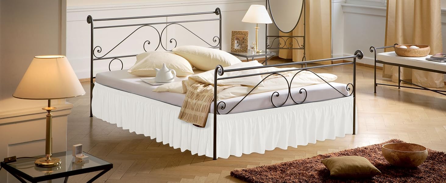 Wrap Around Bed Skirts with Split Corners for Queen Beds 15" Drop, Ivory Elastic Dust Ruffles Wrinkle Resistant Luxurious Machine Washable