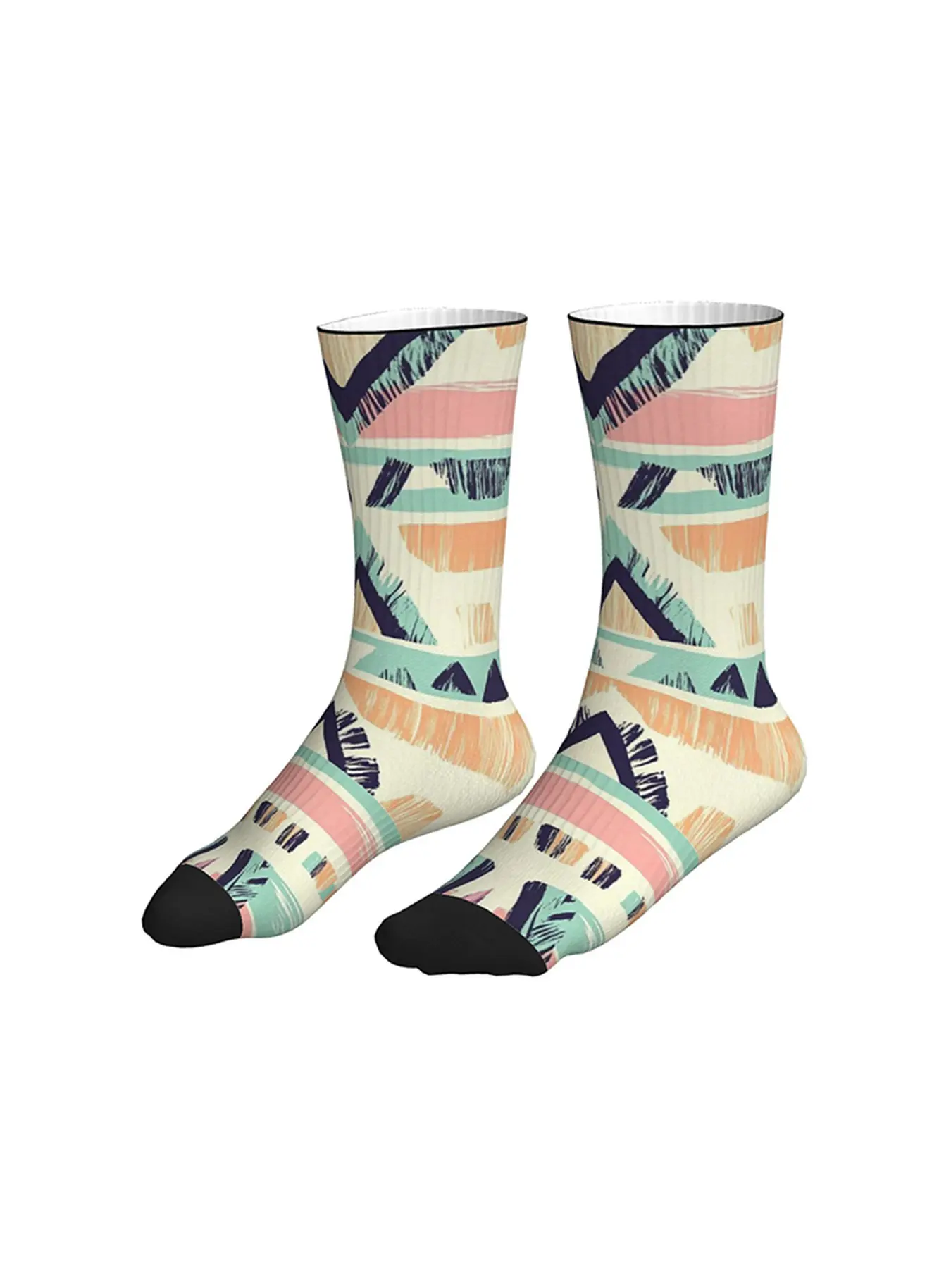 Men Women Cream Base Pink Teal Navy Orange Abstract Tribal Geometric Mid Calf Socks Boho Ethnic Streetwear Socks