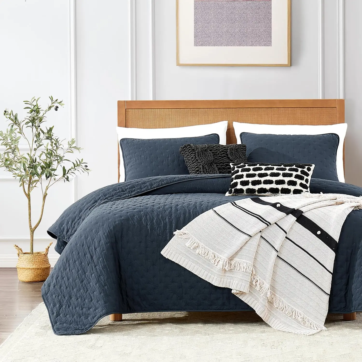 Navy Blue King Size Bedding Set with Pillow Shams, Lightweight Soft Bedspread Coverlet, Quilted Blanket Thin Comforter Bed Cover, All Season, 3 Piece, 104x90 inches