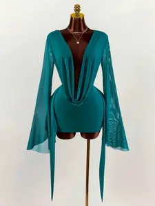 Women's Deep V Neck Draped Front Bodycon Mini Dress, Teal Blue Long Bell Sleeve Side Slit Slim Fit Short Dress, Sexy Elegant Outfit for Club, Party, Date Night, Cocktail, Night Out, Vacation, Trendy Y2K Streetwear for Ladies