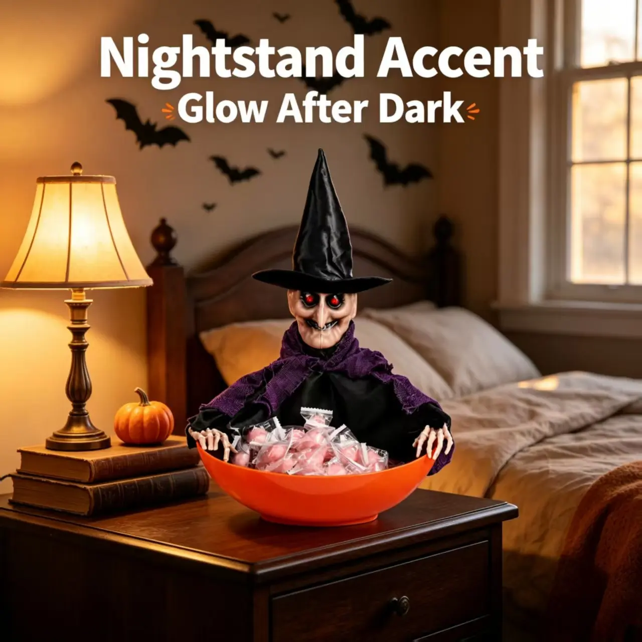 Voice-Controlled Witch Candy Bowl Halloween Decoration, Eye Glowing, Shaky Horror Sound, Trick-Or-Treat Tray, Haunted House Prank Item