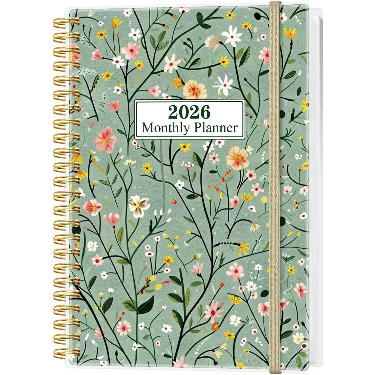 Monthly Planner 2026 – Monthly Calendar from January 2026 to December 2026, 12 Month Planner with Spiral Binding, Inner Pocket, Elastic Closure, 5.8" x 8.5", Flower-B