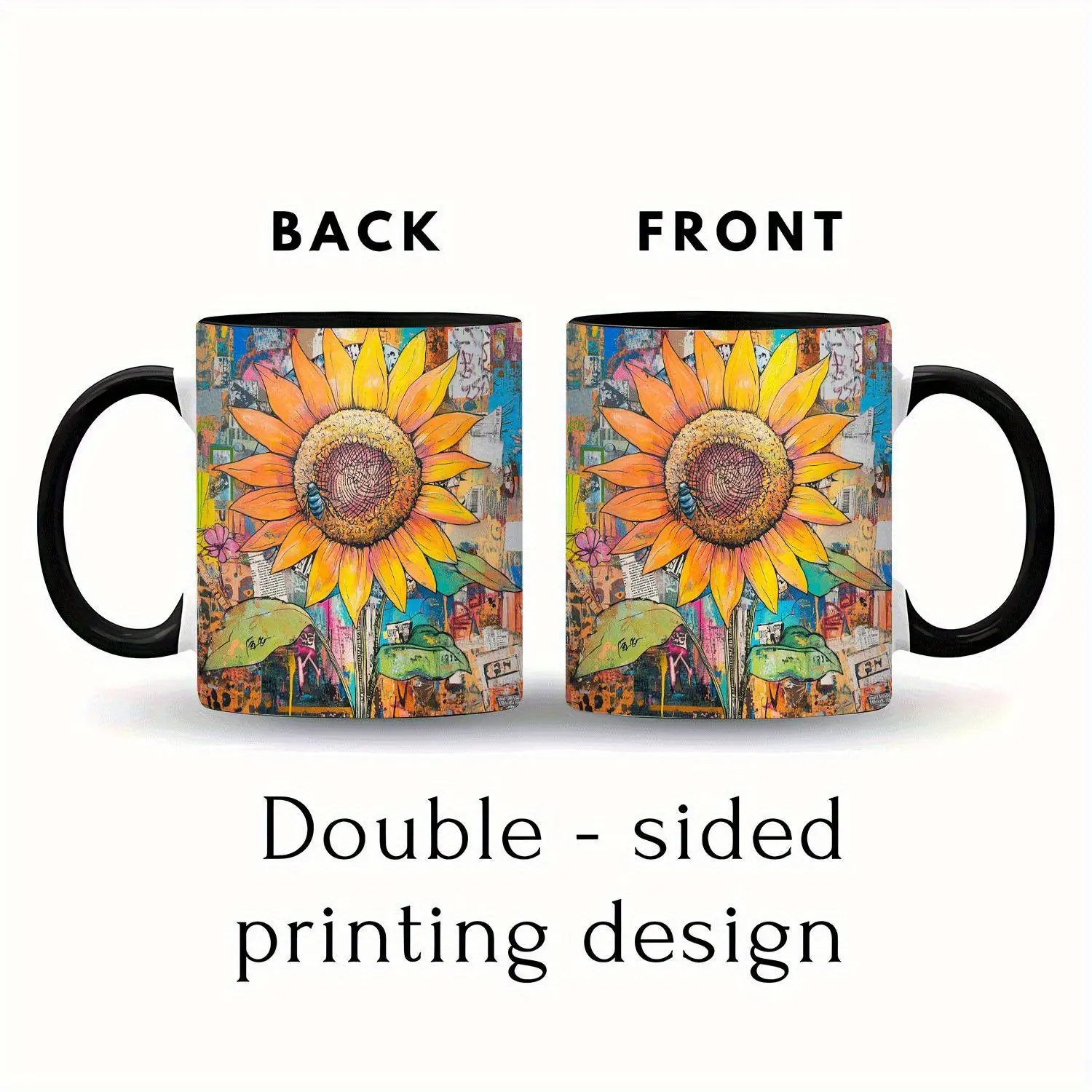 1pc 11oz Vibrant Sunflower Ceramic Coffee Mug with Multicolor Urban Graffiti Art - Dishwasher, Durable & Reusable Cup for Home, Office, Housewarming Gifts - Yellow, Orange, Green, Blue Sunflower Design, No Assembly Required