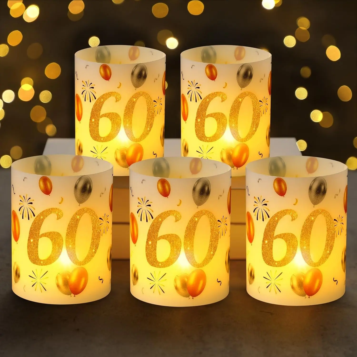 10 Sets 60th Happy Birthday Table Centerpieces, Gold White Lantern Decorations with Tea Light Candles, 60th Birthday Party Decor Ideas for Women Men Party Supplies