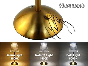 2pcs Cordless Table Lamp, Rechargeable Battery Operated Lamp, 3 Color Modes & Stepless Dimmable LED Touch Lamp, Portable Crystal Gold Metal Beside Lamps for Bedroom Living Room Restaurant Outdoor