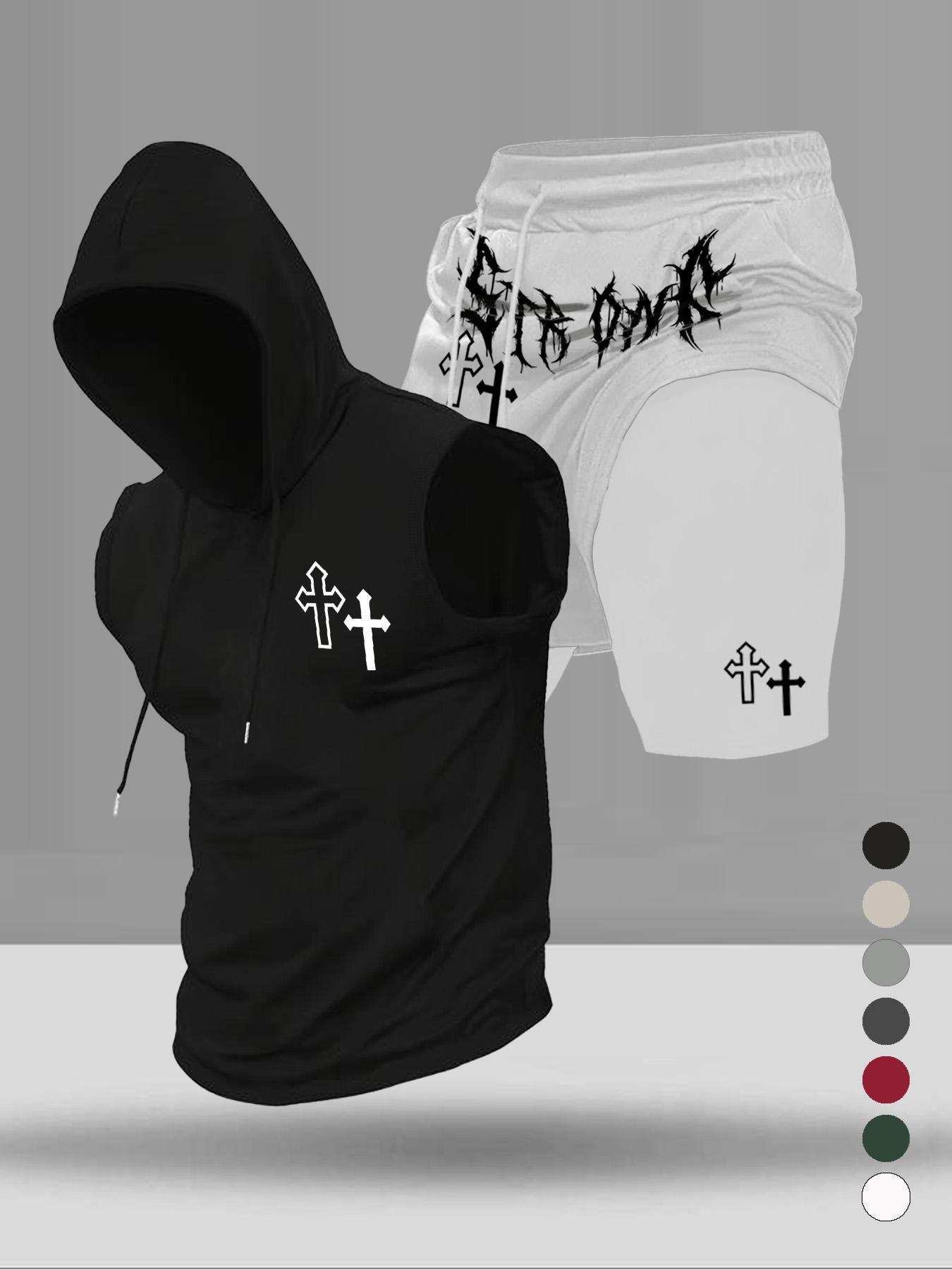 Men's Graphic Print Two-Piece Set, Stylish Hooded Sleeveless Vest and Drawstring Pocket Shorts, Summer Casual Wear for Sports and Daily Use