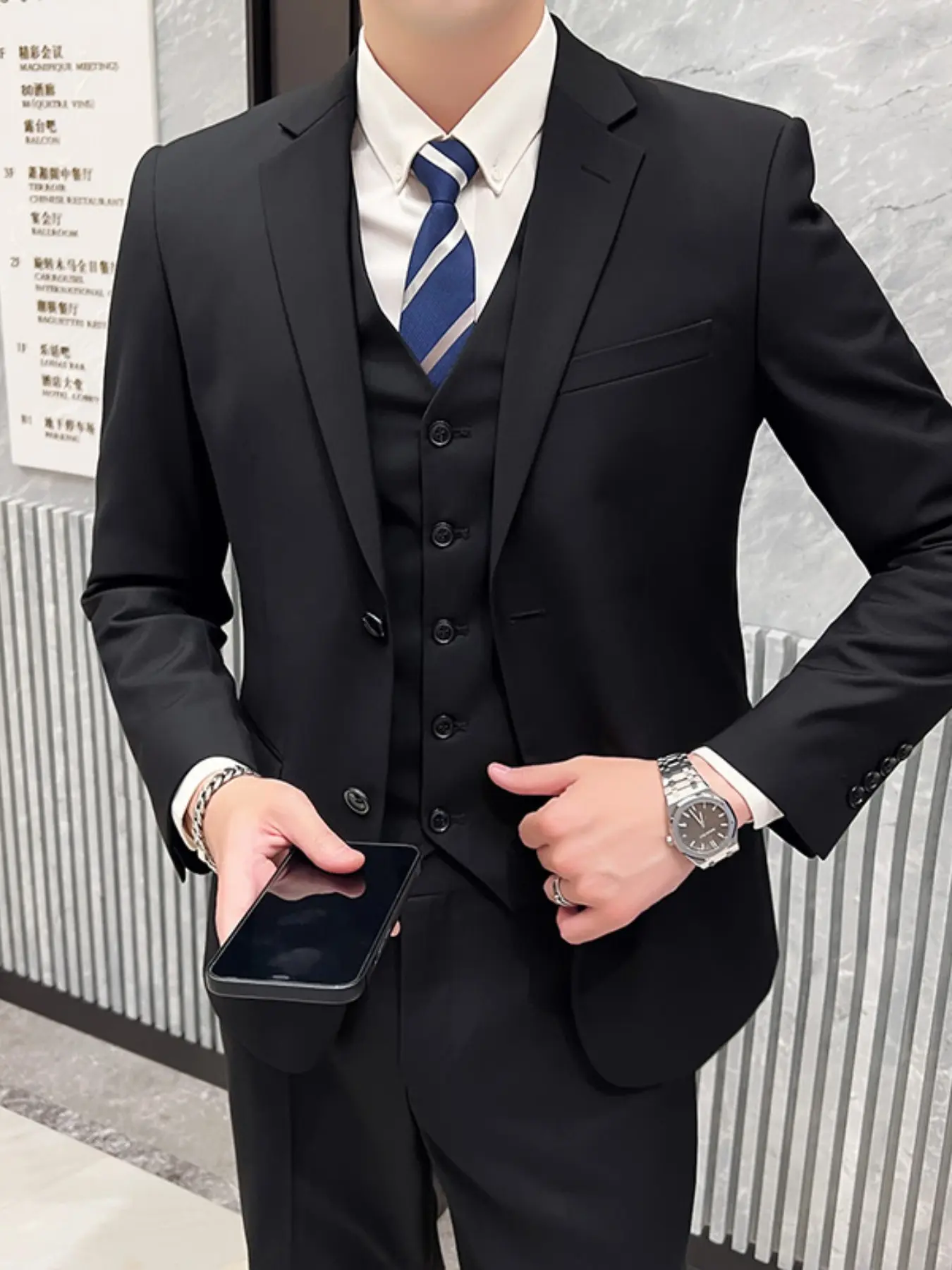 Men's 3-Piece Suit Set - Double Breasted Blazer, Vest & Pants for Weddings and Formal Events Casual Suit Wedding Suit Pocket Suit Men's Three-Piece party suits business casual  Black Classic