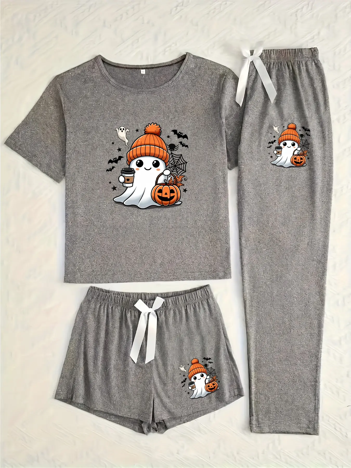 Women's Halloween Pajama Set Pjs, Three-Piece Cartoon Pumpkin Ghost Print, Loose-Fitting Casual Sleepwear, All Seasons Comfort