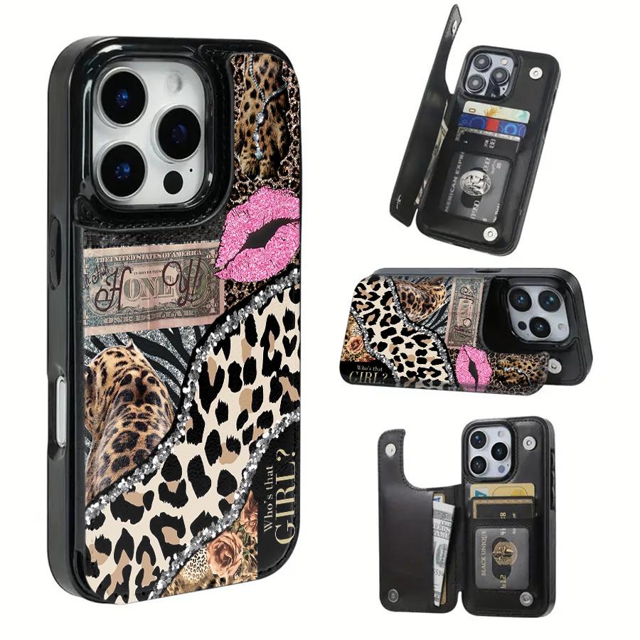 TPU iPhone 16 Case - Christmas-Themed Soft Cover with Hyperrealism Animal Print, Phone Aesthetic Pink Leopard Lip Design, Card Slots for Bank & Transit Cards, Retro Bag-Style Protective Mobile Accessory