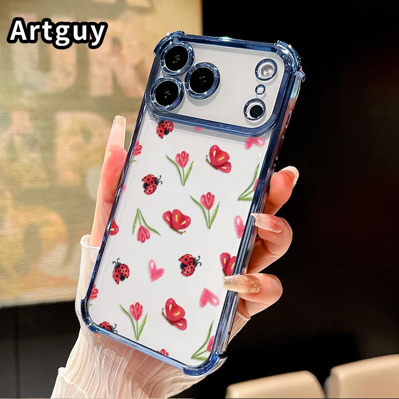 Ladybug Floral Dream Pattern Phone Case for iPhone 17 Pro Max 16 15 Plus Air 14 13 12 11 E Electroplated Cover with Airbag Shockproof Soft Silicone Casing