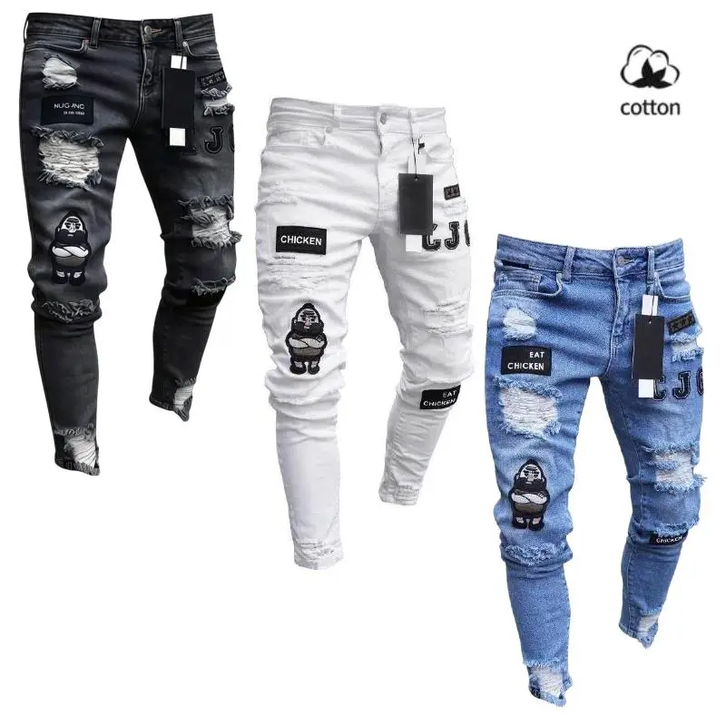 Men's High Cotton Cartoon Embroidered Distressed Skinny Jeans, Vintage Washed Ripped Denim Pants with Patches, Streetwear Hip Hop Slim Fit Stacked Jeans for Men