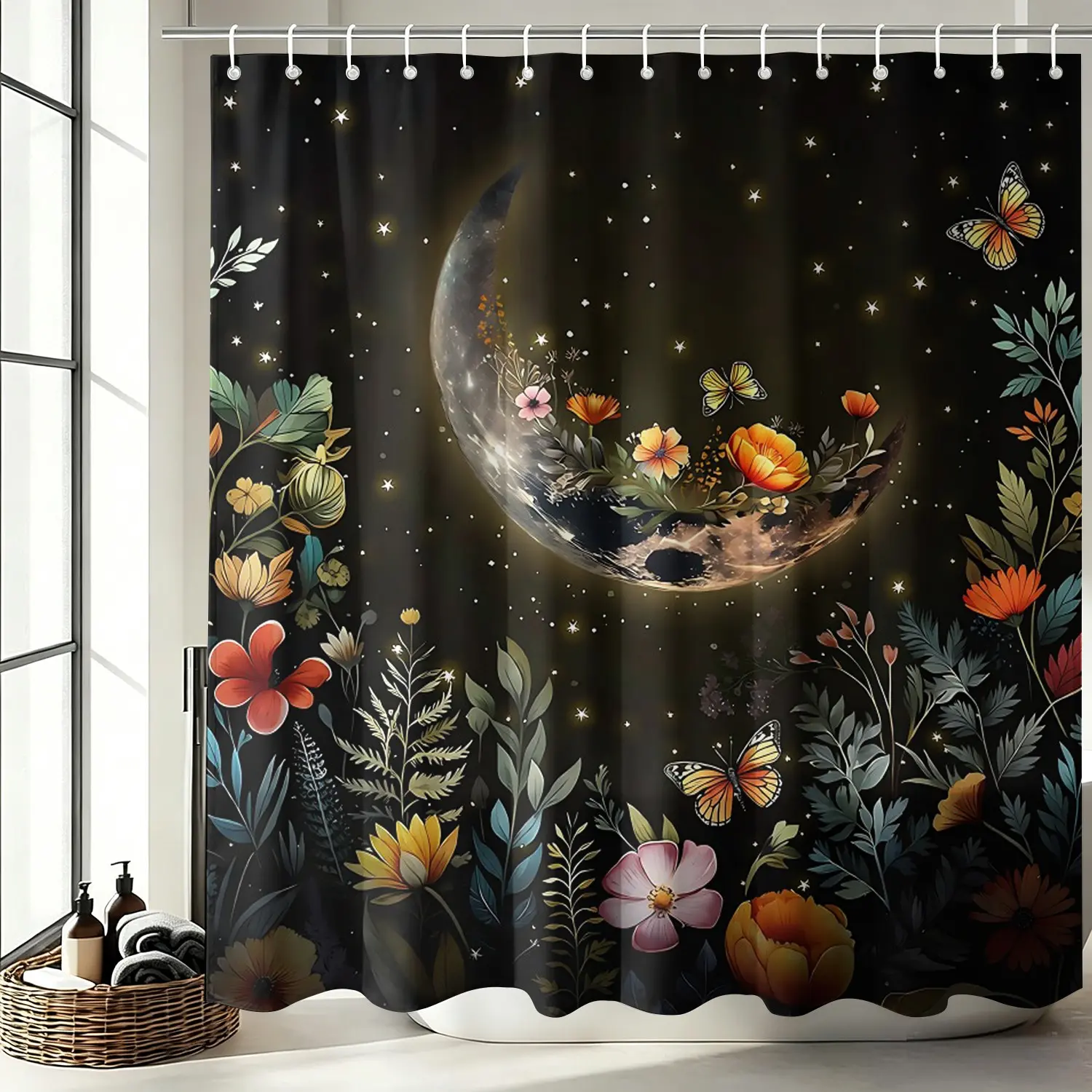 Celestial Moon Shower Curtain, Whimsigoth Moonlit Crescent with Wildflower and Butterfly, Witchy Gothic Floral Dark Aesthetic for Bathroom Decor, 72x72 Inch Polyester, 12 Hooks