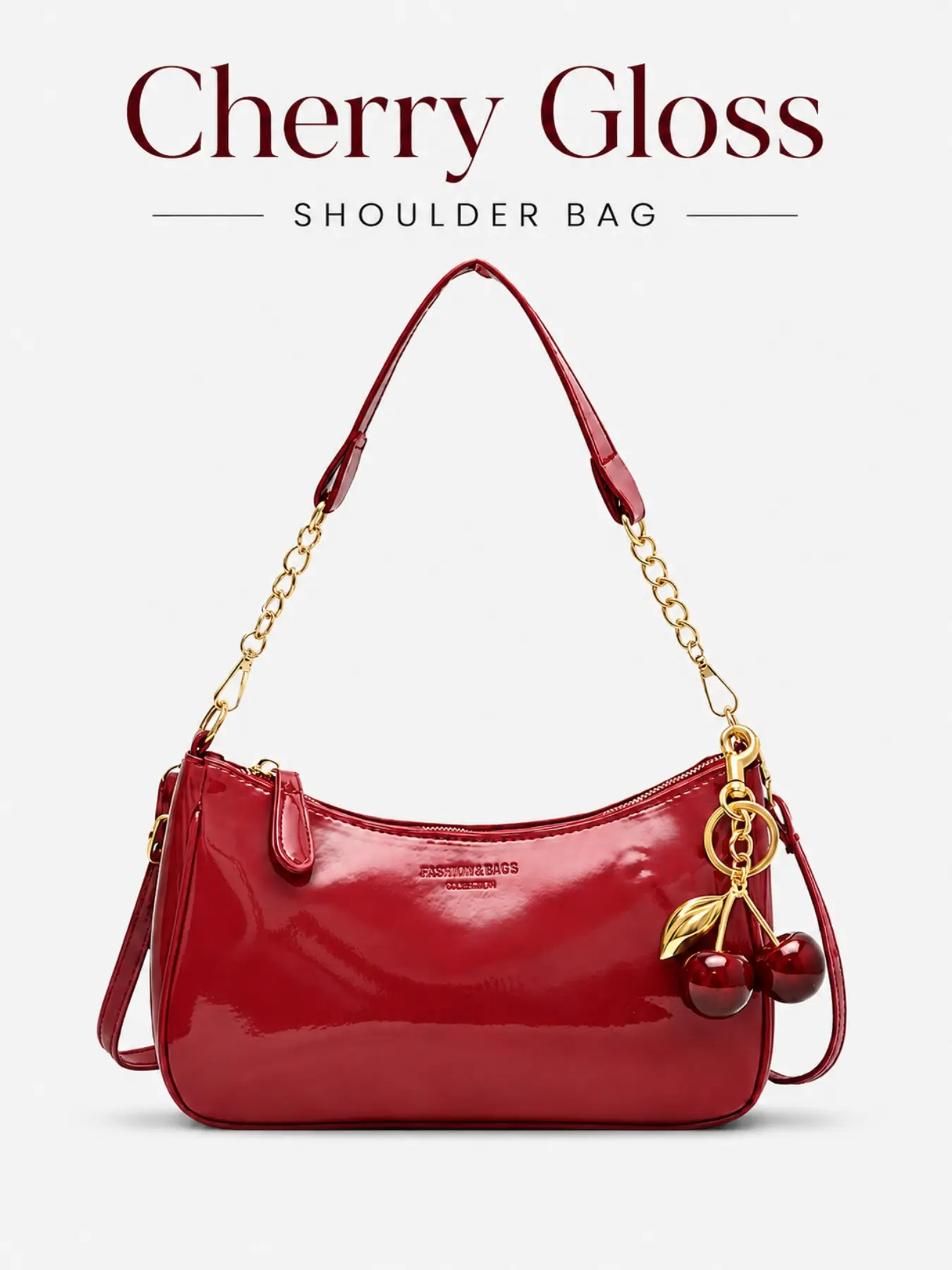 Women's Trendy Cherry Bag Charm Shoulder Bag, Waterproof PU Leather Baguette Purse, French Retro Printed Handbag with Chain Detail, Y2K Fashion Tote, Cute Aesthetic Everyday Bag for Work, Shopping, Travel, Date Night Gift