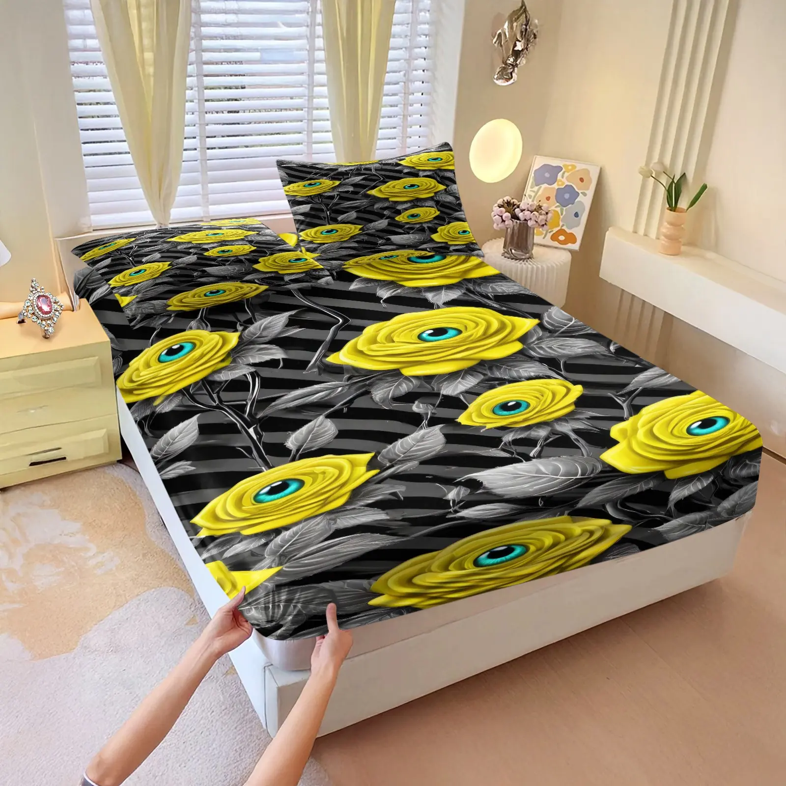 3Pcs Yellow Rose Blue Eye Pattern Fitted Sheet Set, Digital Print Bedding Set, Deep Pocket Fitted Sheet with 2 Matching Pillowcases, Edgy Dark Aesthetic Bed Linens for Alternative Teen Bedroom Decor